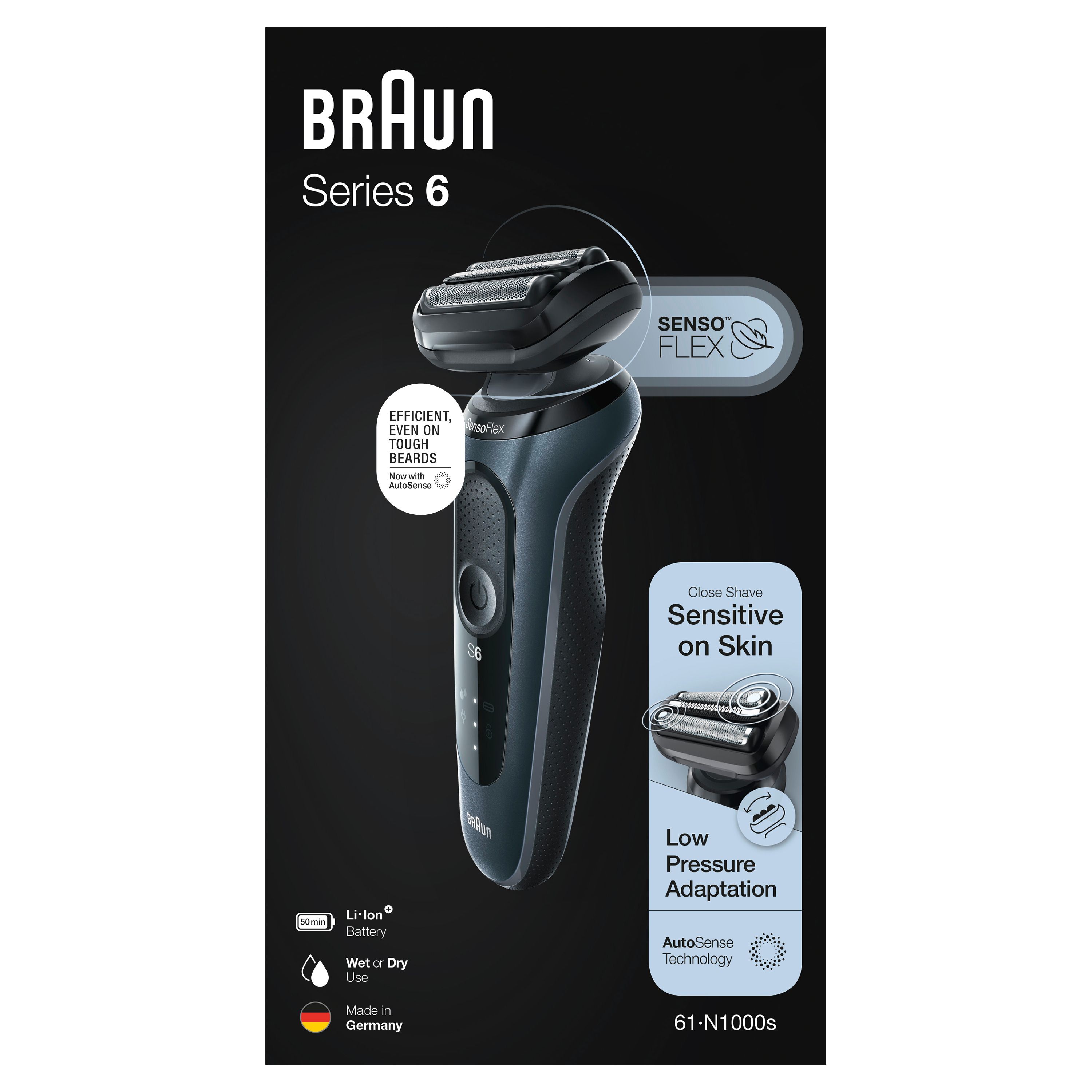 Elektrorasierer Braun Series 6 und Verpackung. Verpackung mit Produktabbildung und Produktinformationen.
