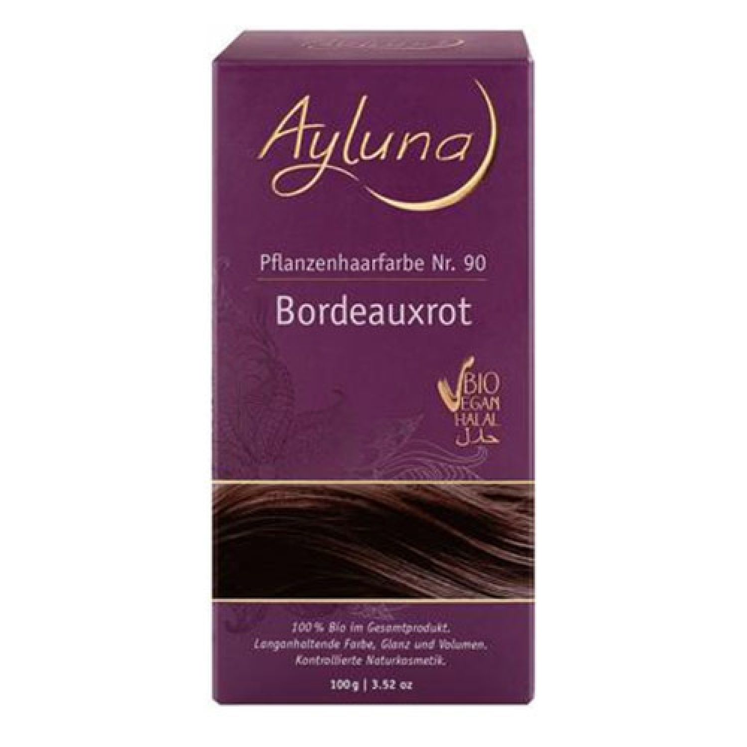 Ayluna Pflanzenhaarfarbe Bordeauxrot Nr. 90 Bio. Violette Schachtel mit Produktinformationen und Haarfarbprobe. Bio, Vegan, Halal.