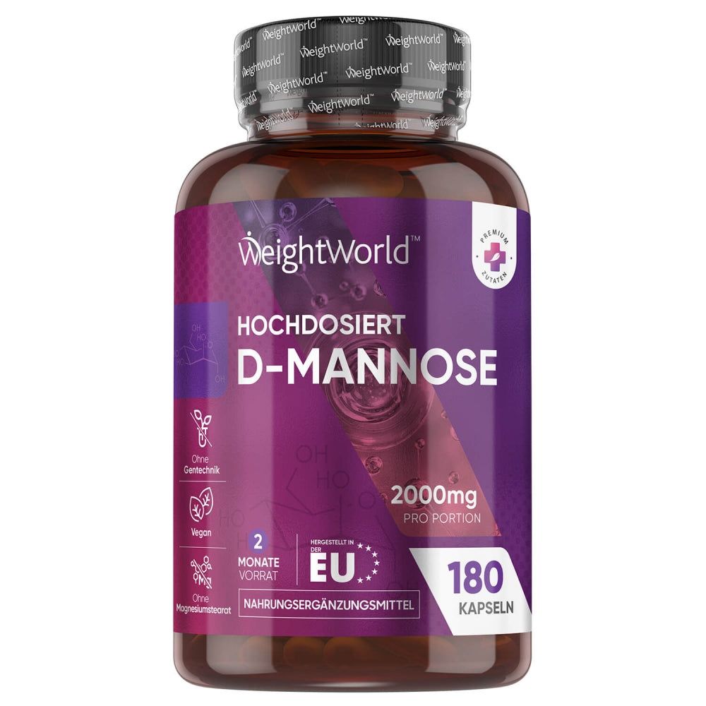Braune Flasche mit D-Mannose-Kapseln. Text: Hochdosiert, 2000mg pro Portion, 180 Kapseln. Logo: WeightWorld.