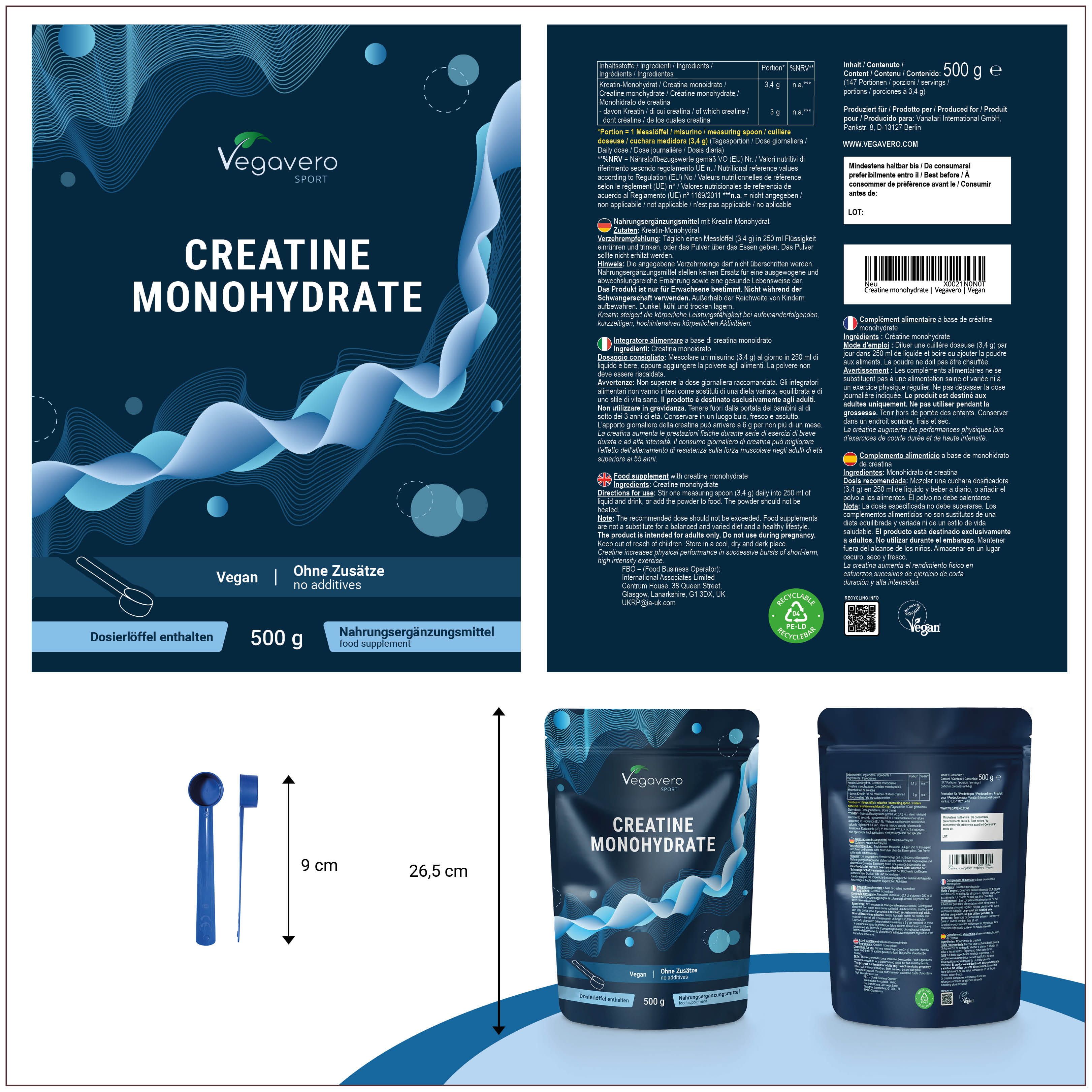 Mehrere Ansichten der VEGAVERO Creatin Monohydrat Pulver Verpackung. Beutel, Messlöffel, Rückseite mit Informationen. 500g.