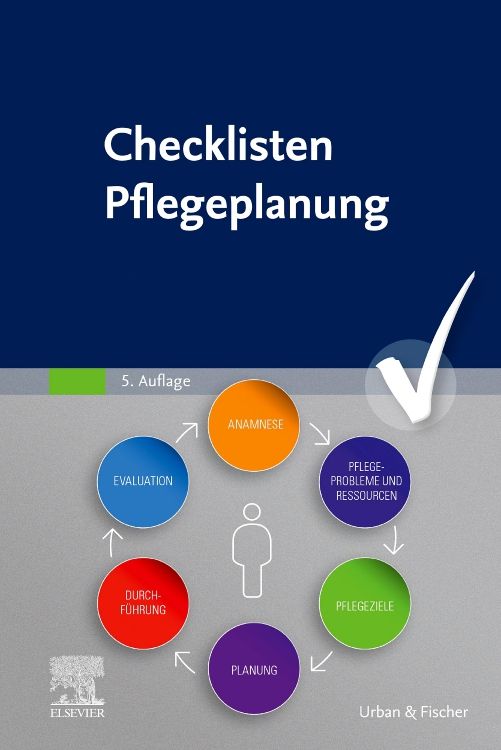 Buchcover: Checklisten Pflegeplanung. Titel in Weiß auf blauem Hintergrund. Kreislauf mit Begriffen wie Anamnese und Pflegeziele. Verlag Elsevier.