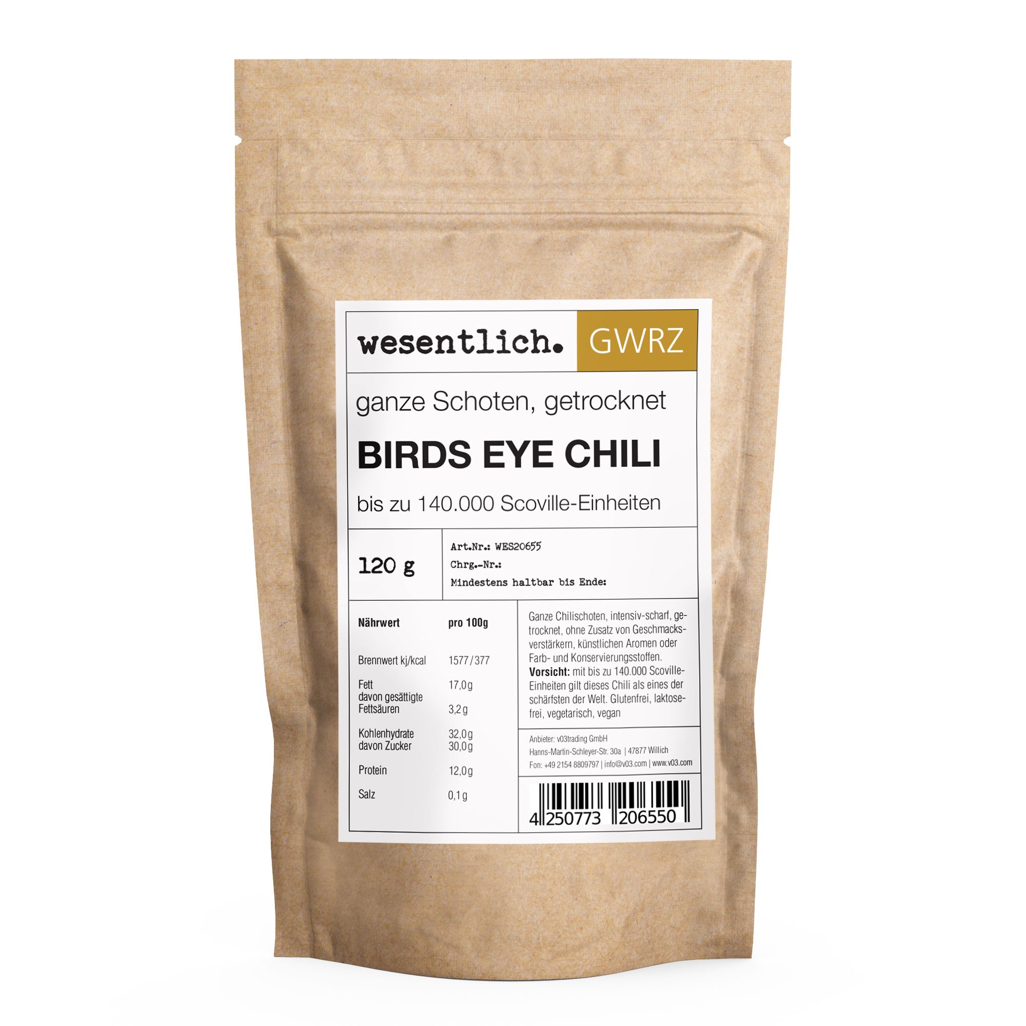 Braune Papiertüte mit Etikett. Aufschrift: Bird's Eye Chili, getrocknet, bis zu 140.000 Scoville-Einheiten. 120 g.