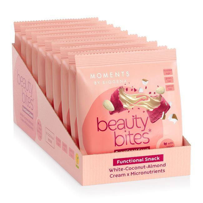 Produktverpackungen in einer Kartonbox. Aufschrift: Moments by BIOGENA beauty bites. Zusatzinformationen: zuckerfrei, glutenfrei, palmölfrei, vegan.