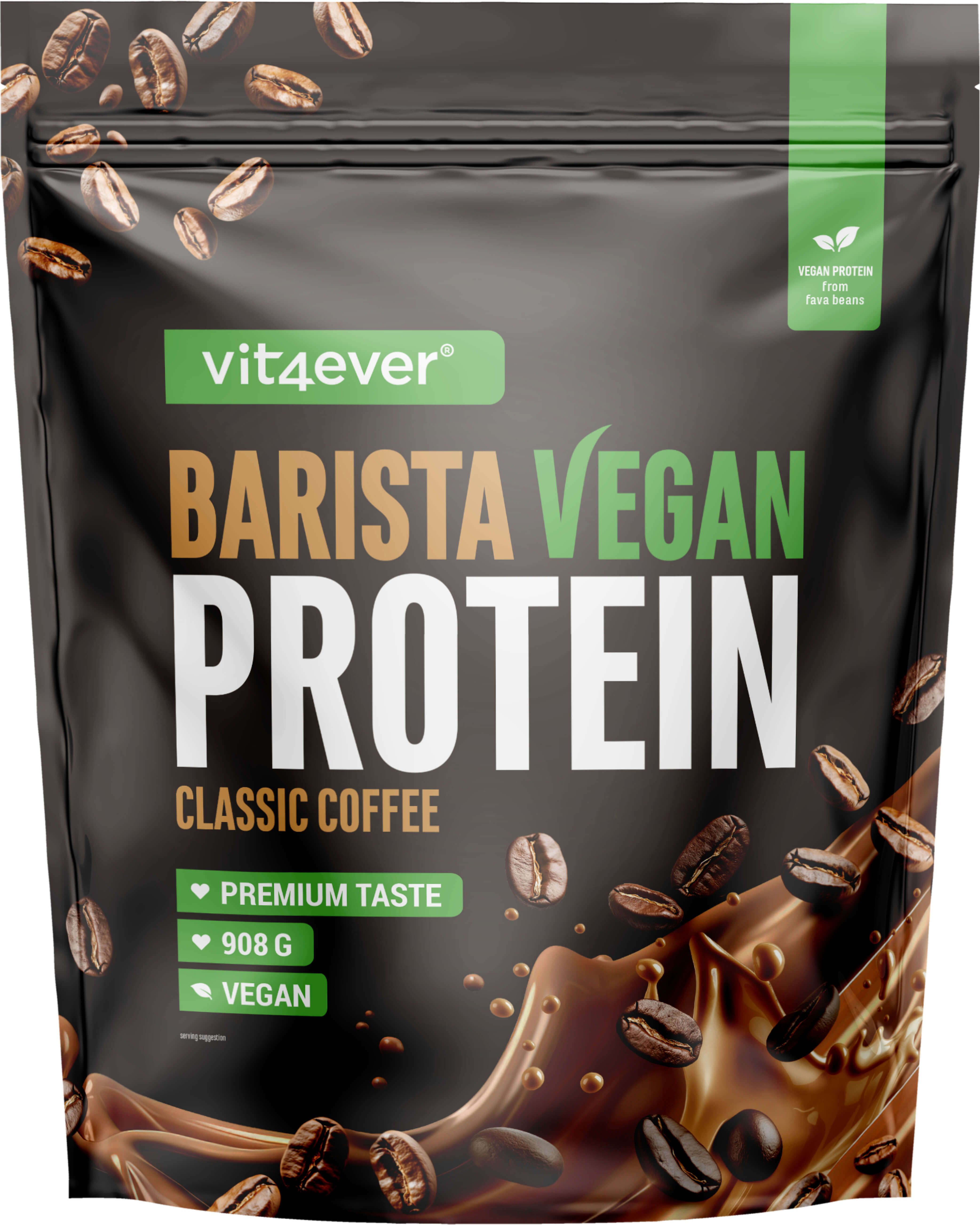 Schwarze Verpackung mit "vit4ever Barista Vegan Protein Classic Coffee". Kaffeebohnen und Produktabbildung. Vegan-Siegel.
