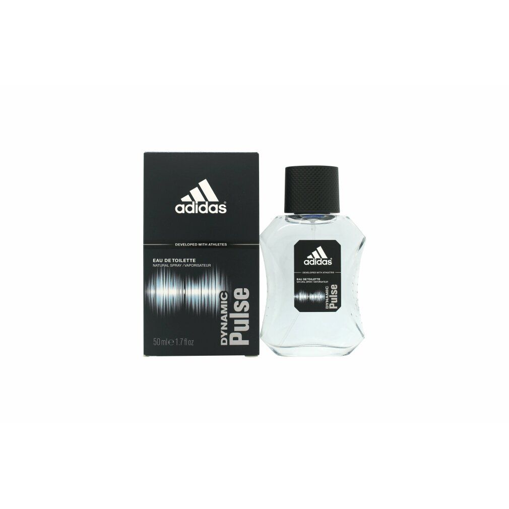 Adidas Dynamic Pulse Eau de Toilette. Flakon und Verpackung. Schwarze Verpackung mit Logo und Produktinformationen. Klarer Flakon.