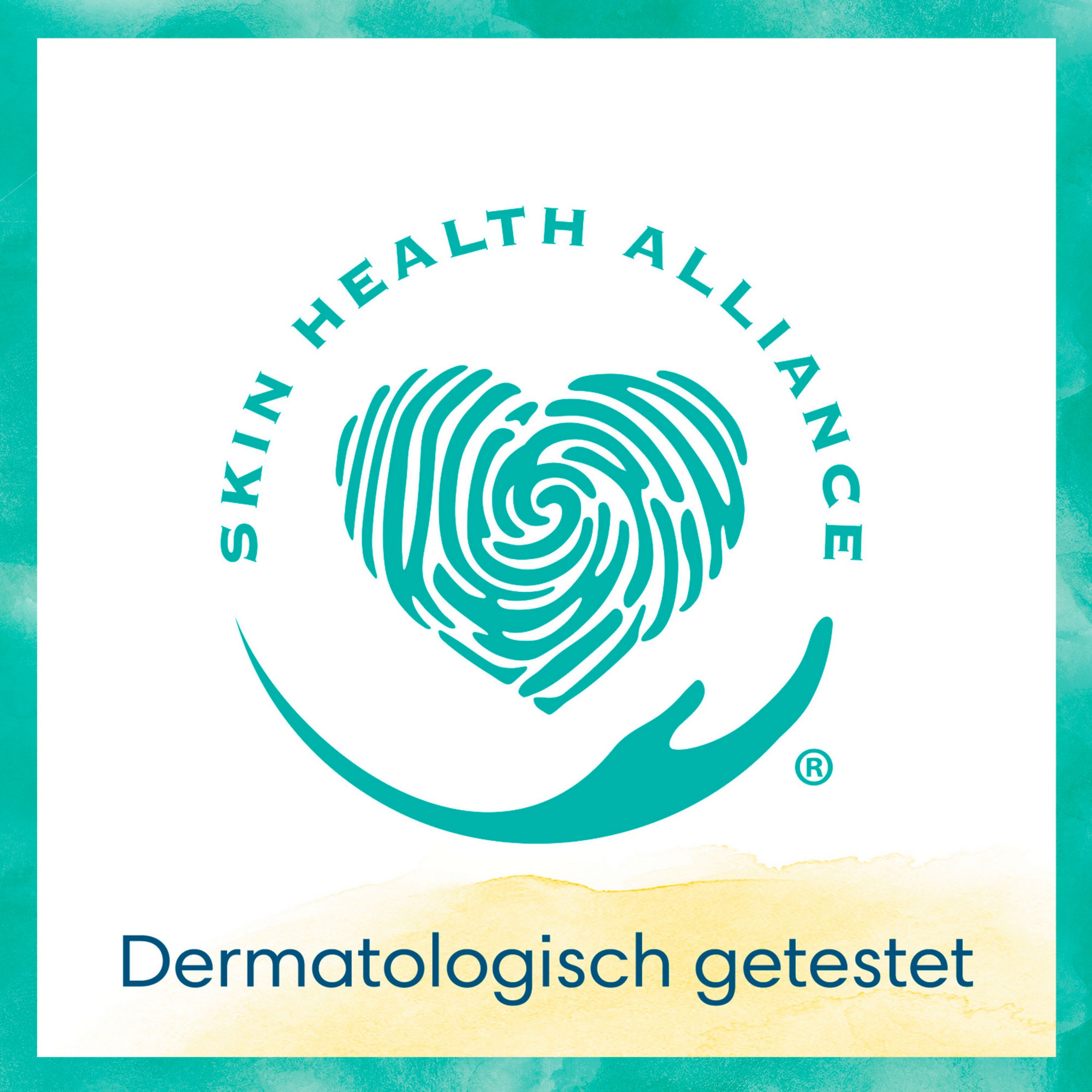 Logo der Skin Health Alliance. Dermatologisch getestet. Herzform mit Fingerabdrücken und Hand.