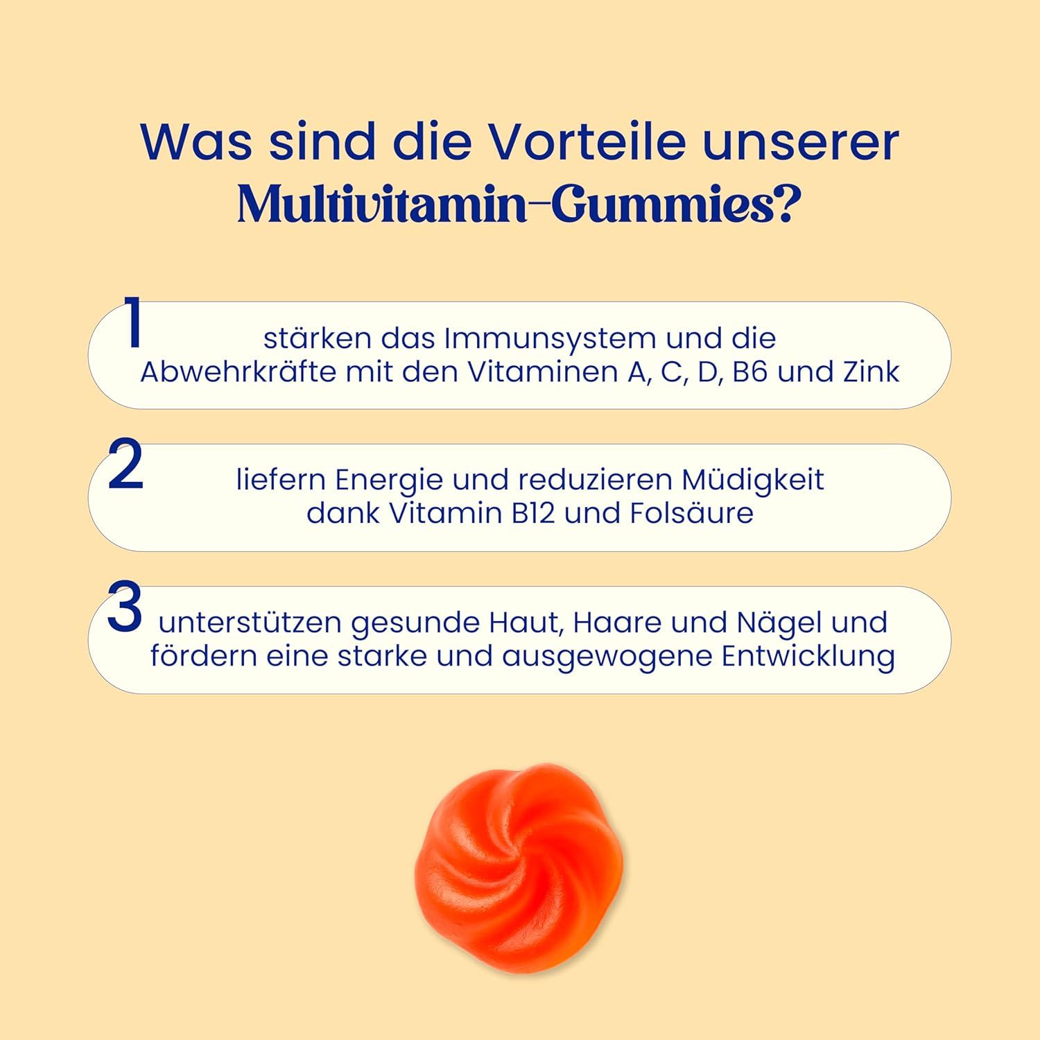 Infografik mit Vorteilen von Multivitamin-Gummies: Immunsystem stärken, Energie liefern, gesunde Haut fördern. Rotes Gummibärchen.