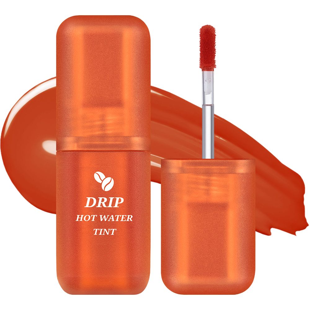 Orangener Lip Tint, geöffnet. Applikator sichtbar. Schriftzug 'DRIP HOT WATER TINT'. Farbklecks.