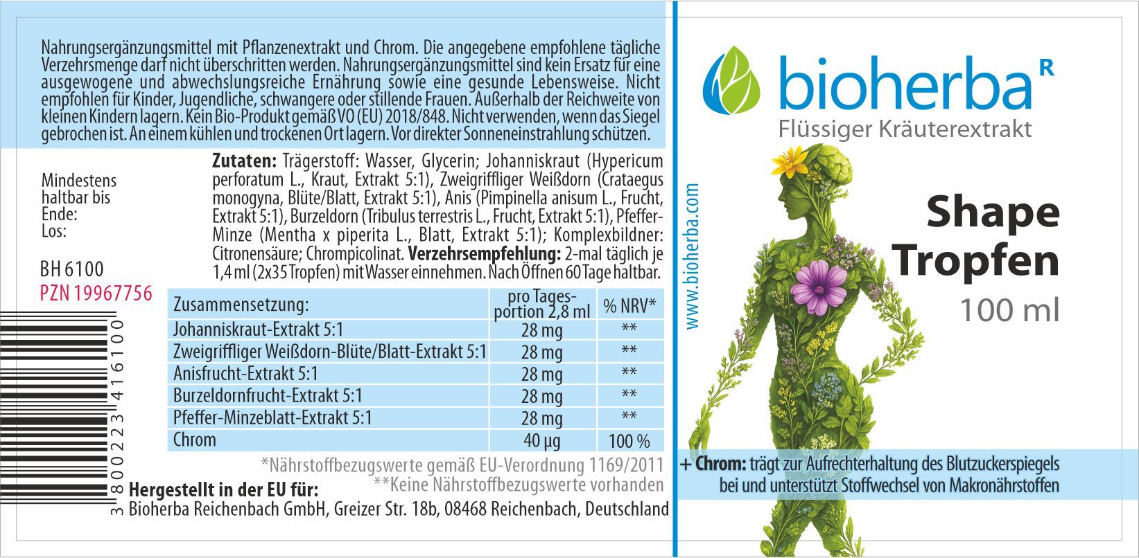 Etikett mit Produktinformationen. "Shape Tropfen" und "100 ml" sind sichtbar. Grün-weißes Design mit floraler Illustration.