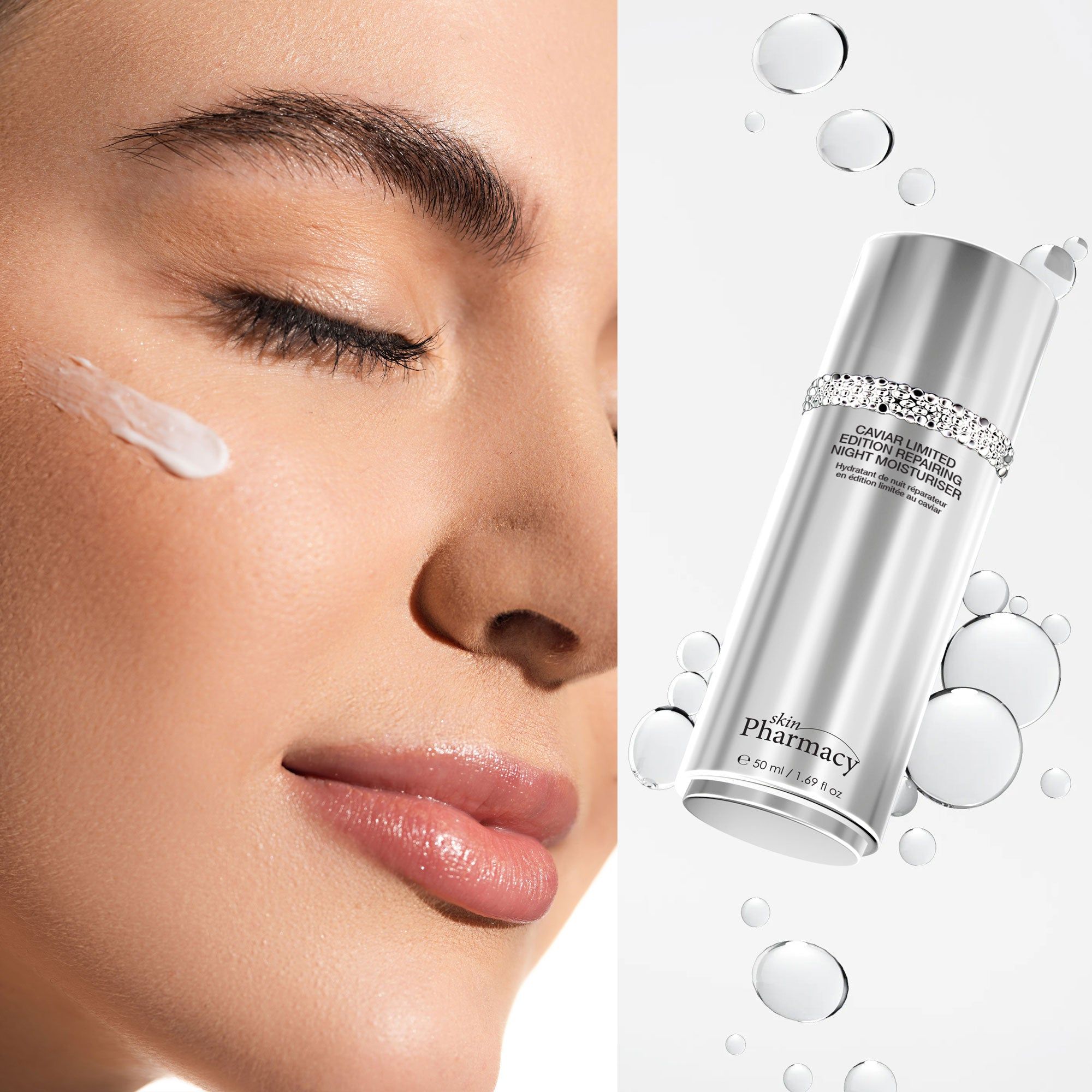 Gesicht mit Creme. Silberne Flasche mit Strassband. Text: Caviar Limited Edition Repairing Night Moisturiser. Marke: skinPharmacy. Mit Tropfen.