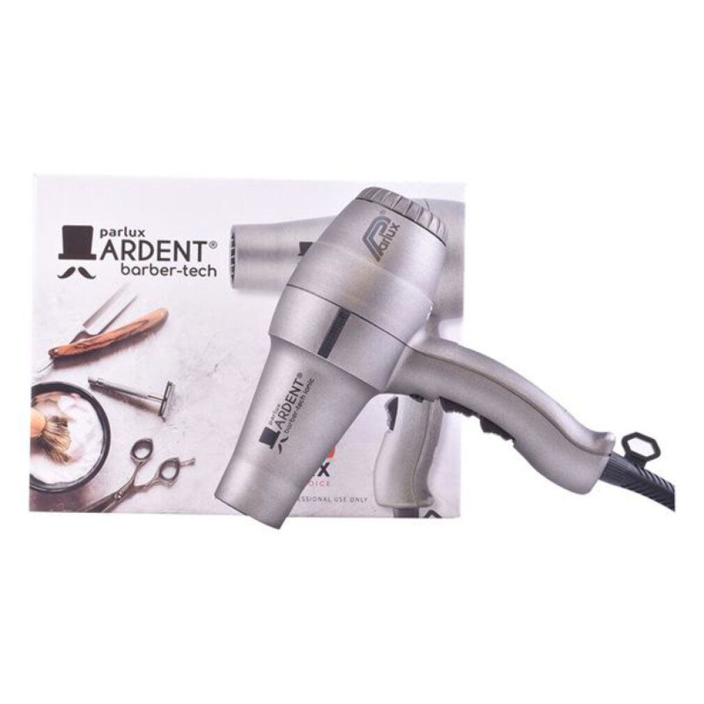 Silberner Haartrockner mit Verpackung. Marke: Parlux Ardent barber-tech. Zubehör auf der Verpackung.