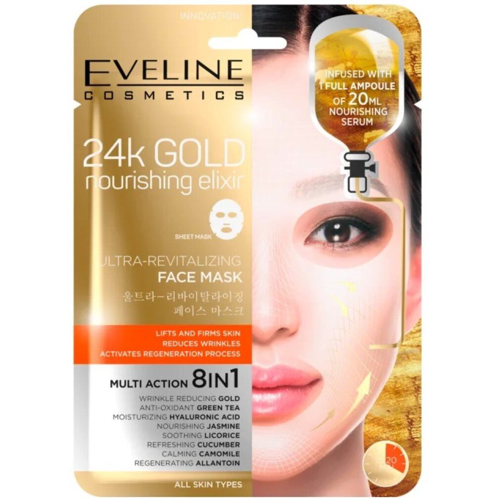 Gesichtsmaske mit Gold-Elixier. Verpackung mit Produktabbildung und Gesicht. Text: 24k Gold, Ultra-Revitalizing, 8-in-1.