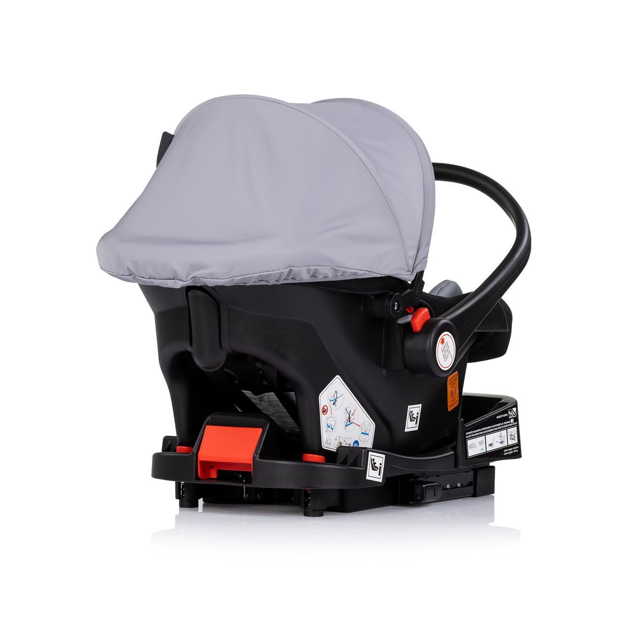 Schwarze Babyschale mit grauem Verdeck und Tragegriff, Seitenansicht mit Basis.