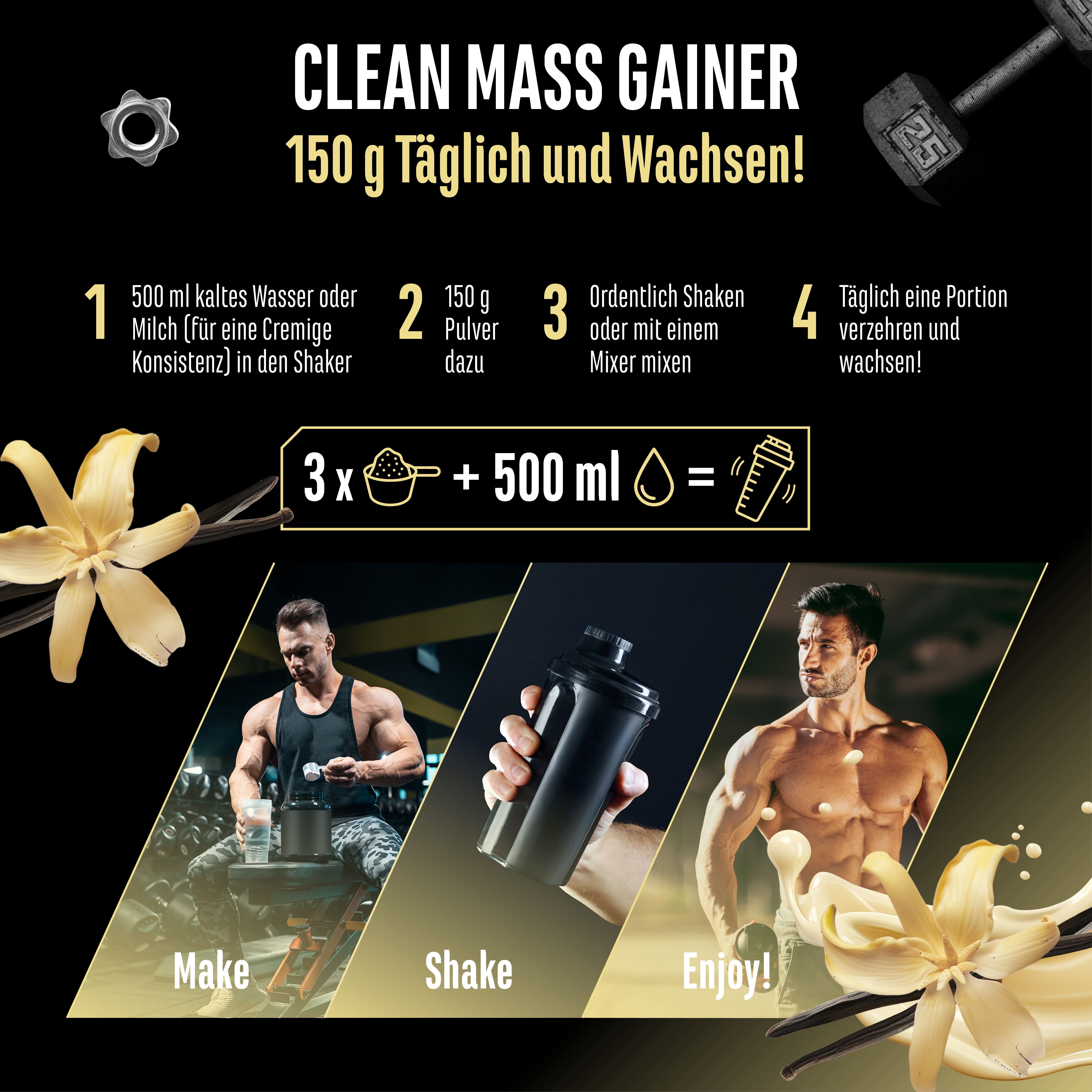 Grafik mit Anweisungen zur Zubereitung von Clean Mass Gainer. Enthält Angaben zu Wasser, Pulver und Shaker.