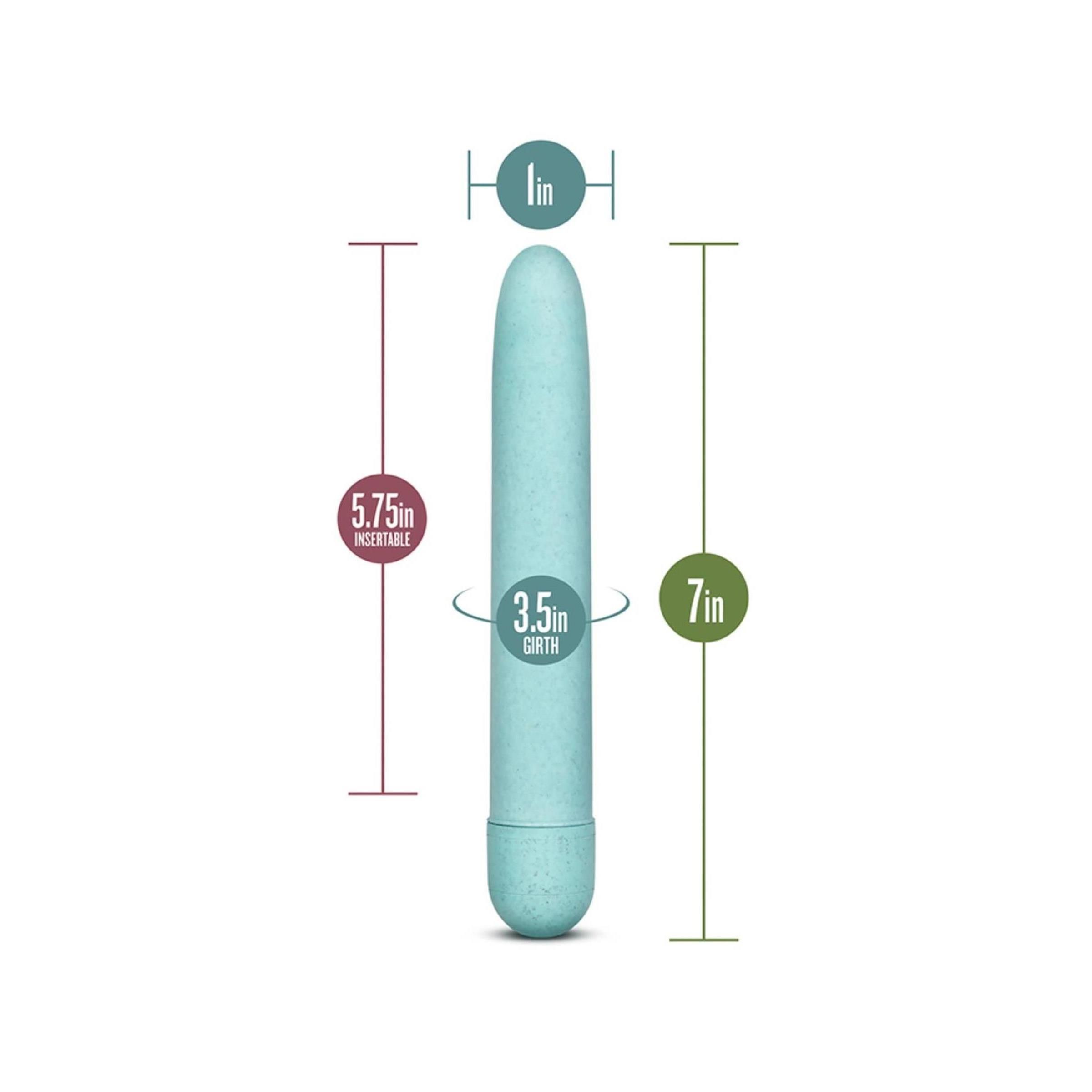 Hellblauer Vibrator mit Maßangaben: 7 Zoll lang, 1 Zoll breit, 3,5 Zoll Umfang, 5,75 Zoll einführbar.