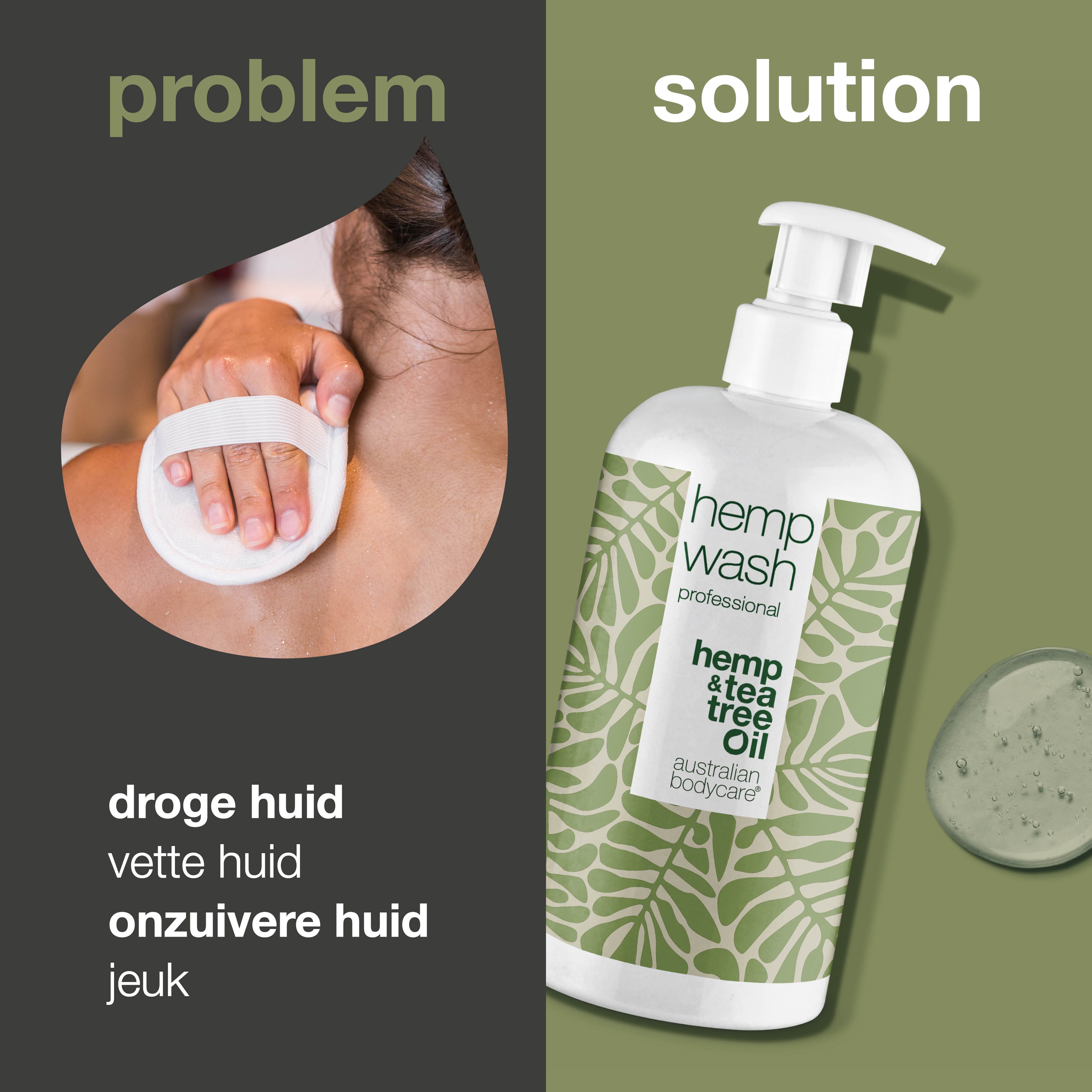 Product naast tekst: droge huid, vette huid, onzuivere huid, jeuk. Daarnaast: fles met tekst: hemp wash professional.
