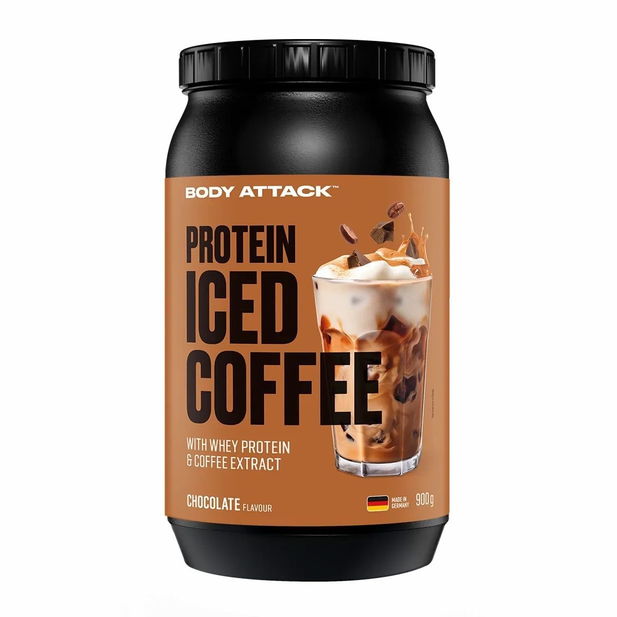 Schwarzer Behälter mit Body Attack Protein Iced Coffee Schokoladen-Geschmack, 900g.