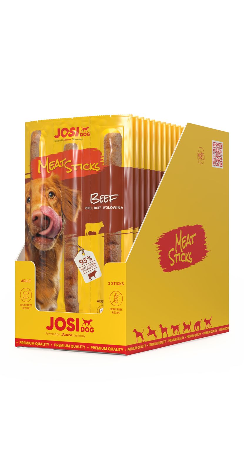 Thekenaufsteller mit JosiDog Meat Sticks Beef. Gelbe Verpackung mit Hund, Produktname und Meat Sticks. Mehrere Packungen.