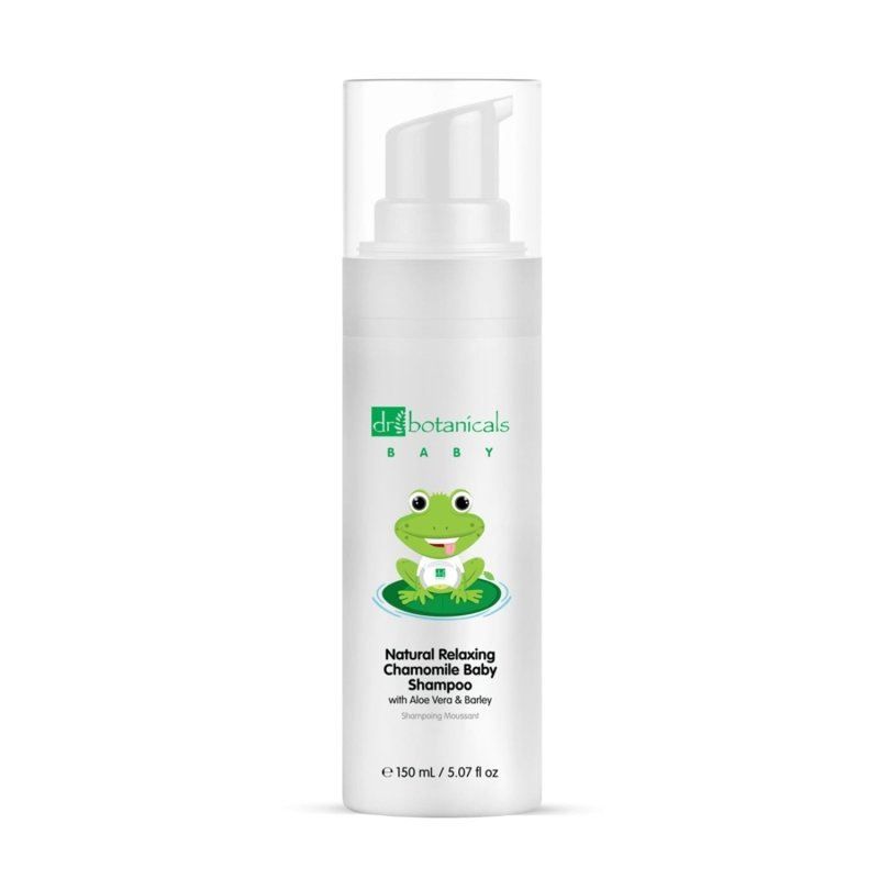 Dr. Botanicals Baby Kamillen-Babyshampoo Flasche mit Pumpspender und Froschmotiv.