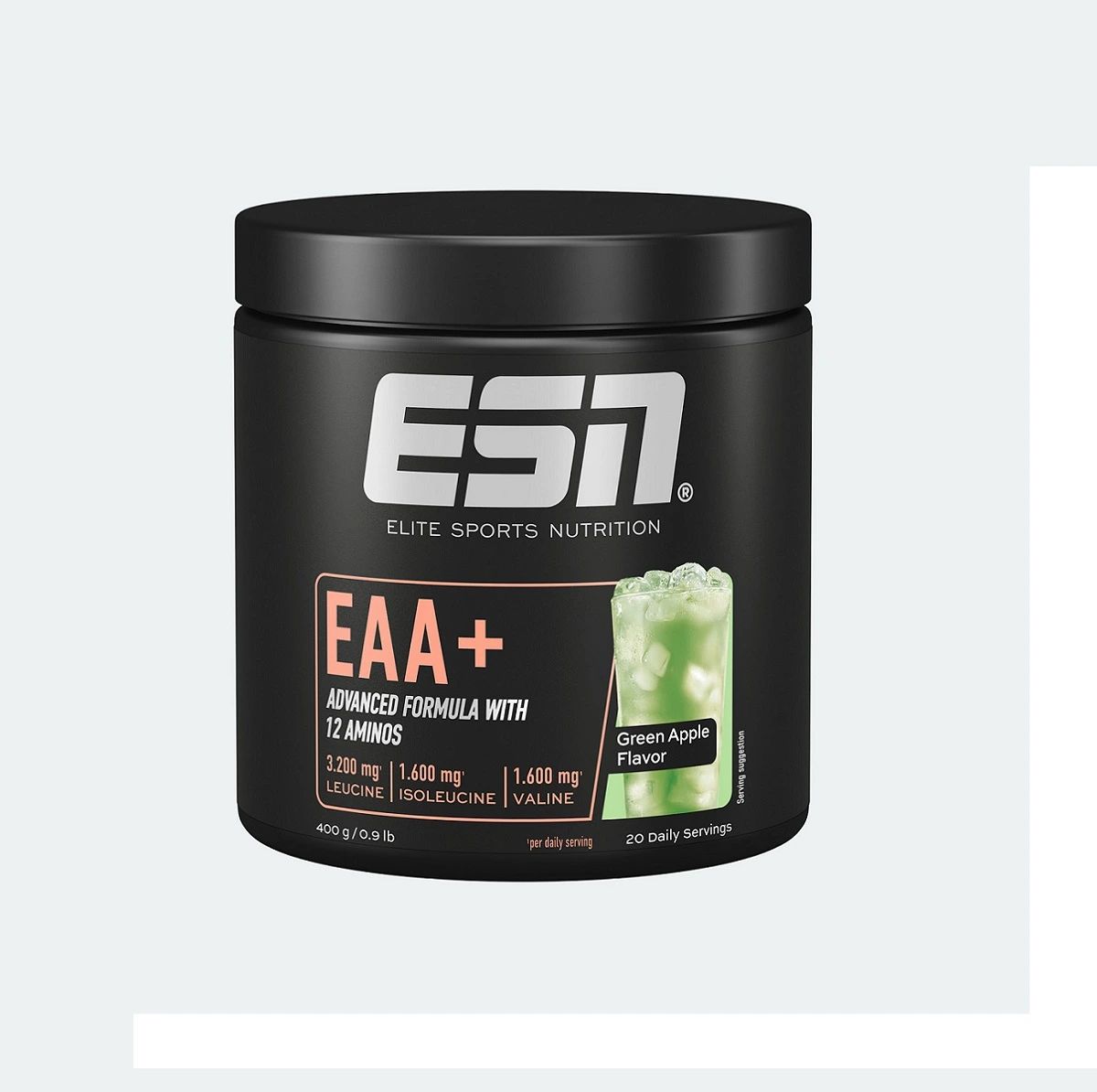 Schwarze Dose mit ESN-Logo und EAA+ Aufschrift. Enthält 12 Aminosäuren. Grün-Apfel-Geschmack. 400g.