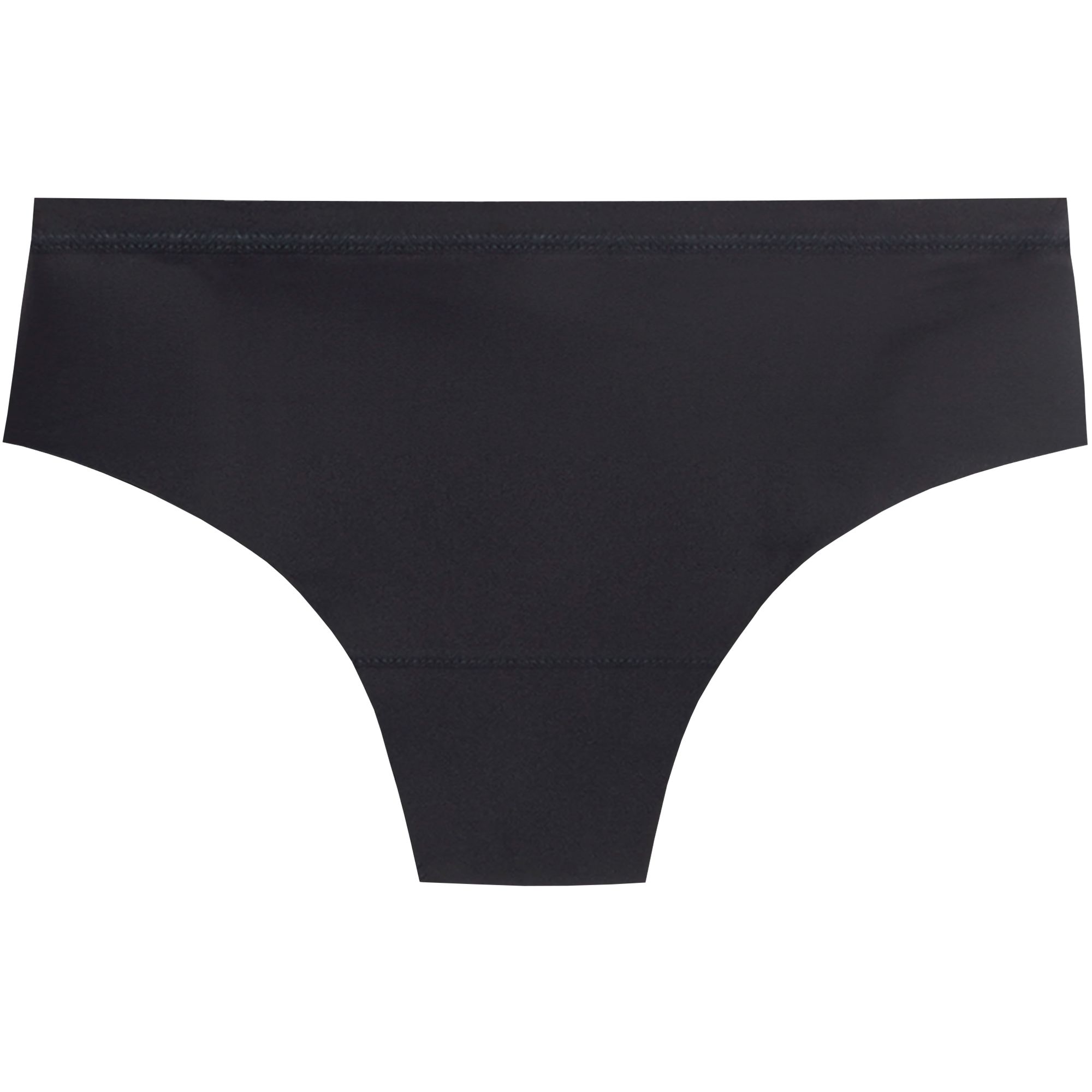 Schwarzer Slip, Ansicht von vorne. Naht am Bund und Schritt. Glatter Stoff.