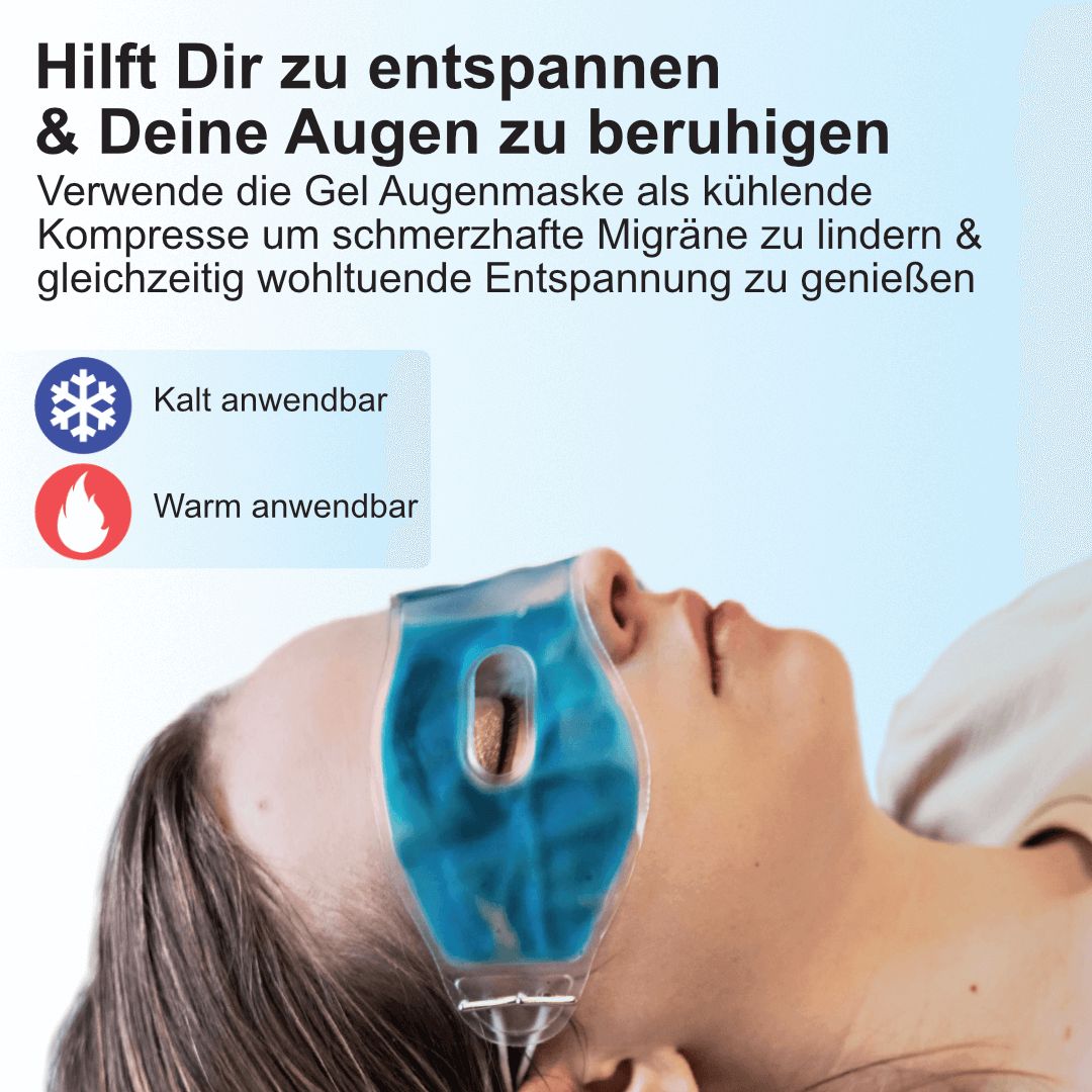 Frau mit Augenmaske auf den Augen. Text: Hilft zu entspannen. Kalt und warm anwendbar. Blaues Gel-Augenmaske.
