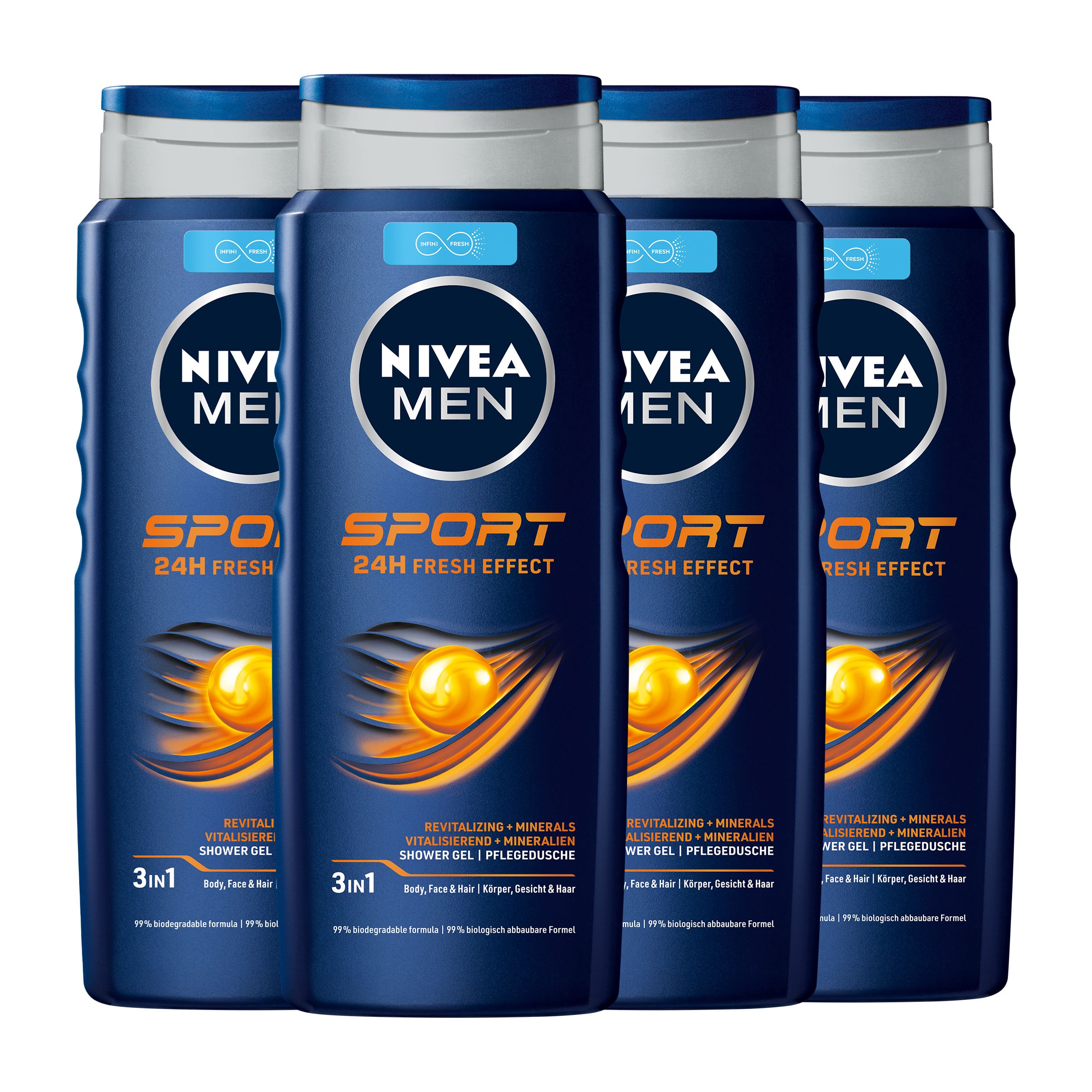 Vier Flaschen NIVEA MEN Sport Duschgel. Blaue Flaschen mit weißem Deckel. Aufschrift: Sport 24h Fresh Effect, 3in1.