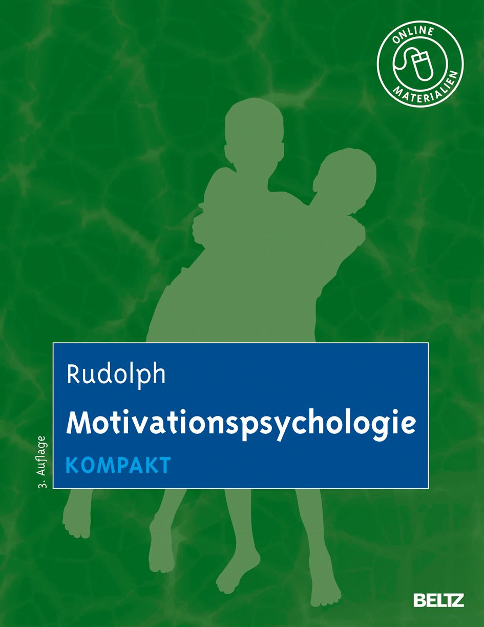 Buchcover von Motivationspsychologie kompakt. Blauer Balken mit Titel und Autor. Grüner Hintergrund mit Silhouette.