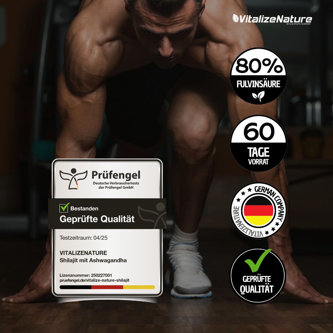 Mann in Startposition, Siegel 'Geprüfte Qualität', 80% Fulvinsäure, 60 Tage Vorrat.