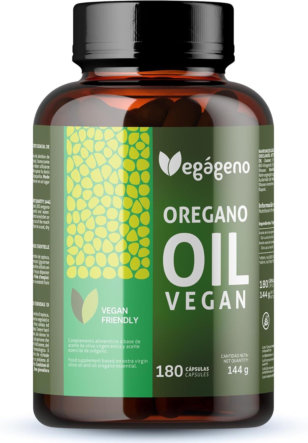 Braune Flasche mit grünem Etikett. Text: Oregano Oil Vegan. 180 Kapseln. Vegan Friendly. Nahrungsergänzungsmittel.