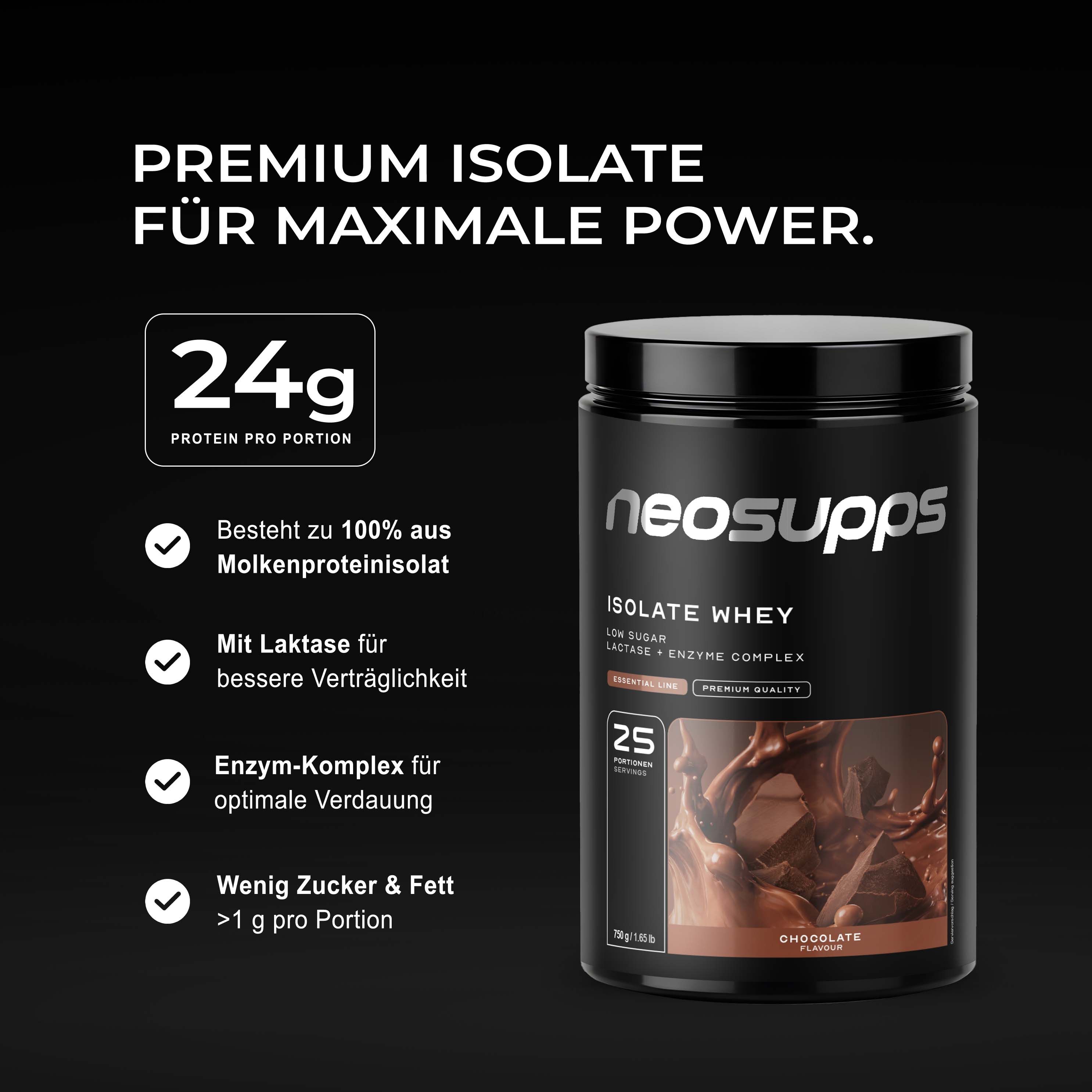 Neosupps Isolate Whey Protein Pulver Chocolate, 750g, Protein pro Portion