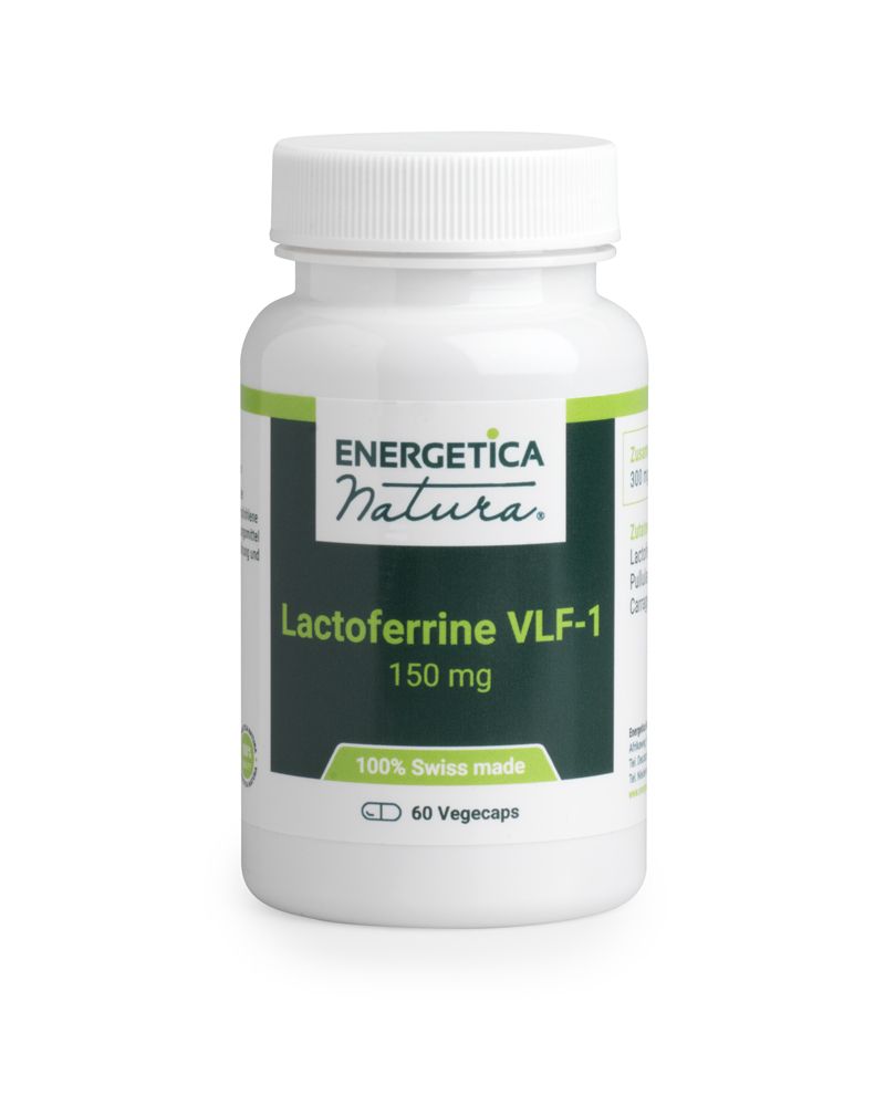 Weiße Flasche mit Lactoferrine VLF-1 150mg Kapseln. Grüne und weiße Etikettierung. Text: Energetica Natura, 100% Swiss made, 60 Vegecaps.