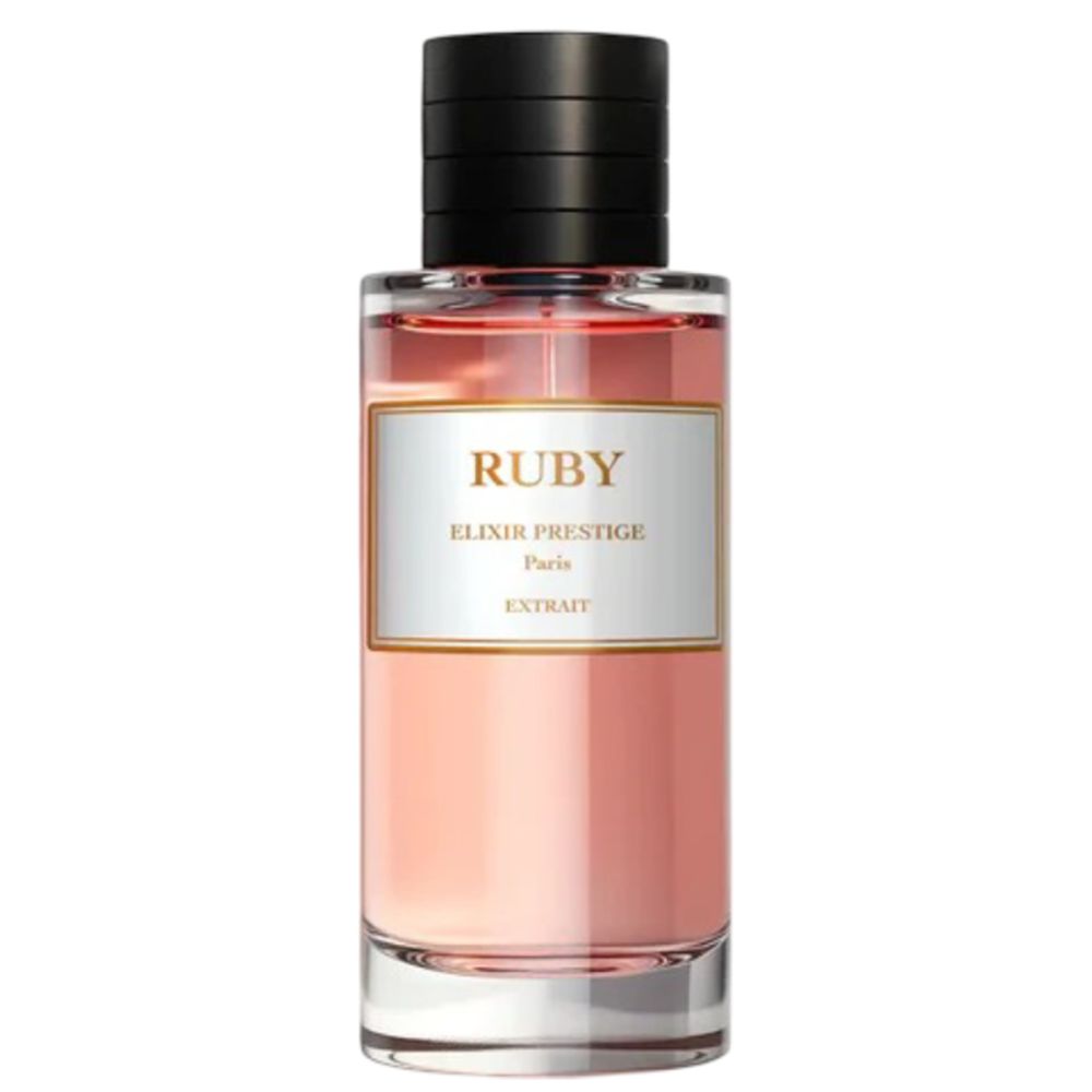Parfümflakon mit rosa Flüssigkeit. Etikett mit "RUBY", "ELIXIR PRESTIGE", "Paris", "EXTRAIT". Schwarzer Verschluss.