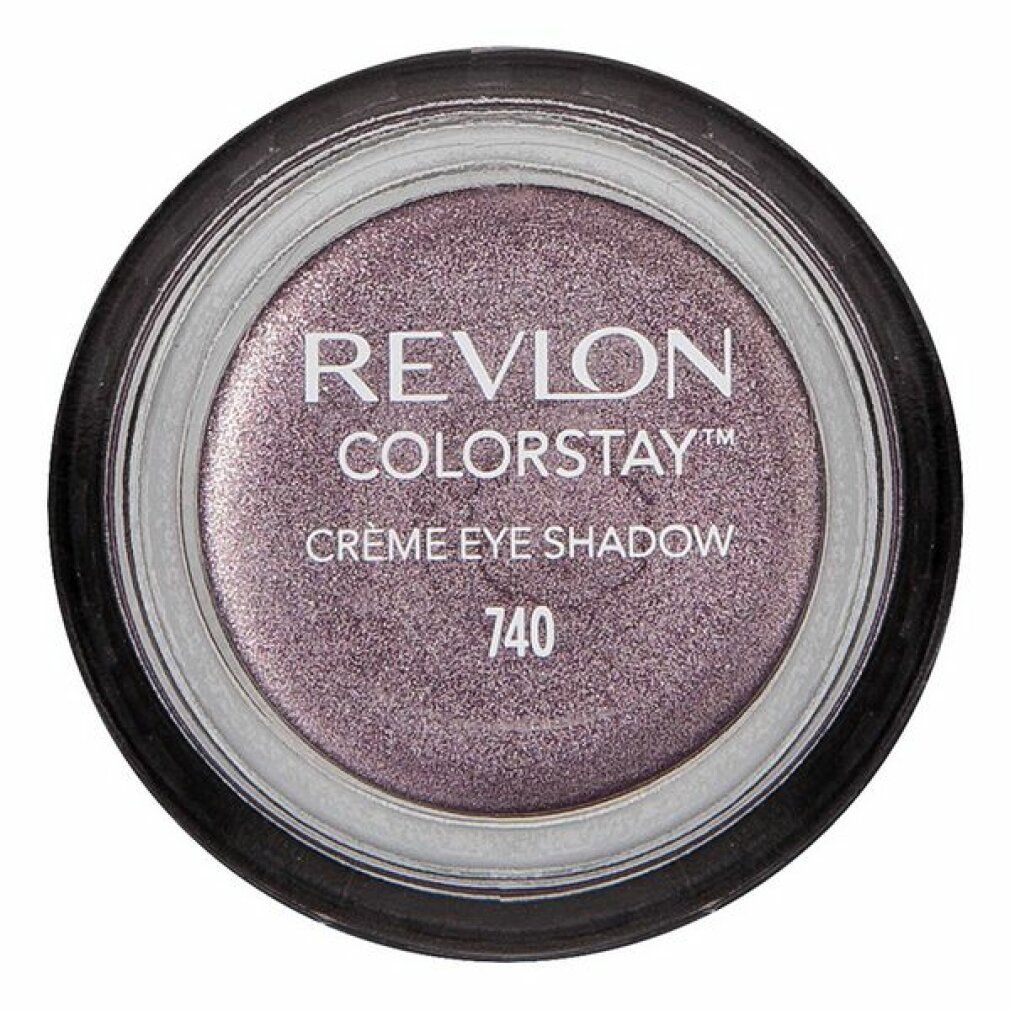 Revlon Colorstay Creme Lidschatten 740. Lila Creme-Lidschatten in rundem Tiegel. Marke und Farbnummer sichtbar.