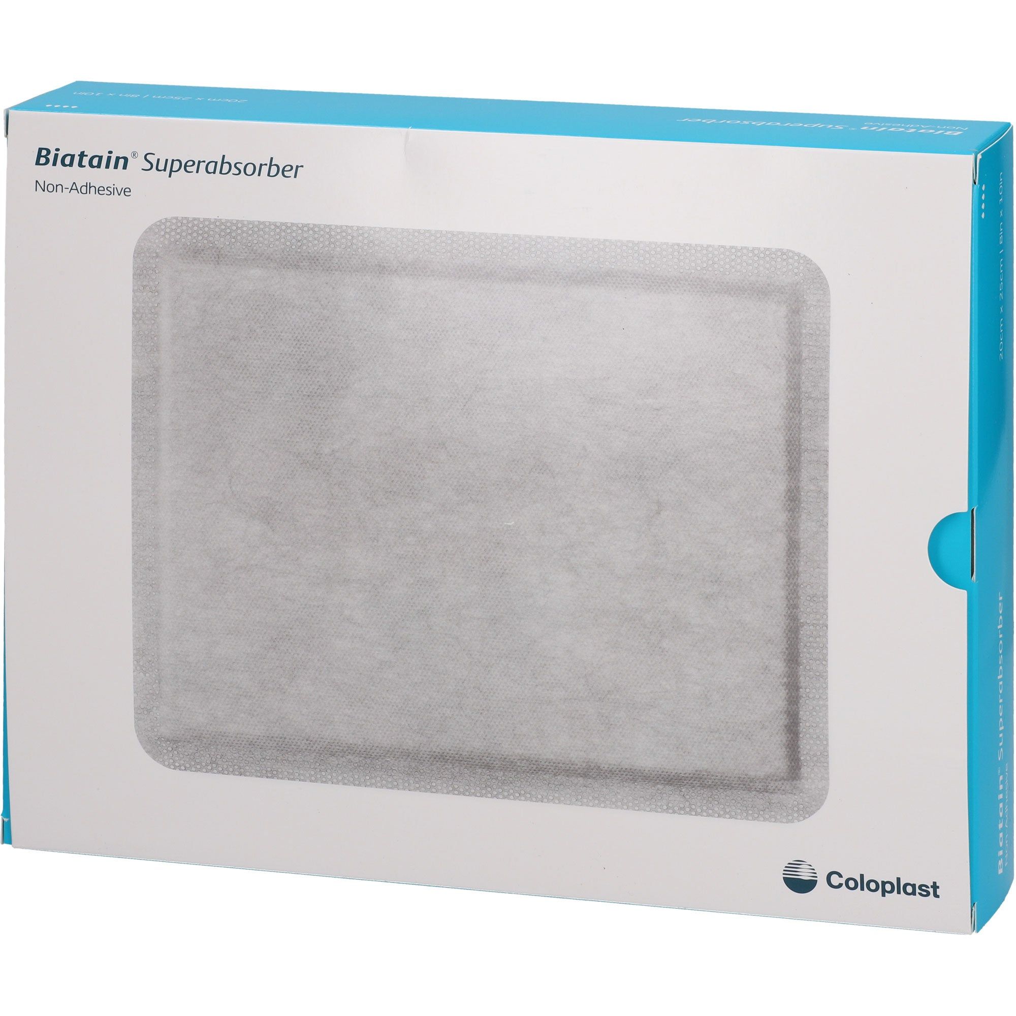 Verpackung mit BIATAIN Superabsorber. Rechteckige Wundauflage, nicht-haftend. Coloplast-Logo.