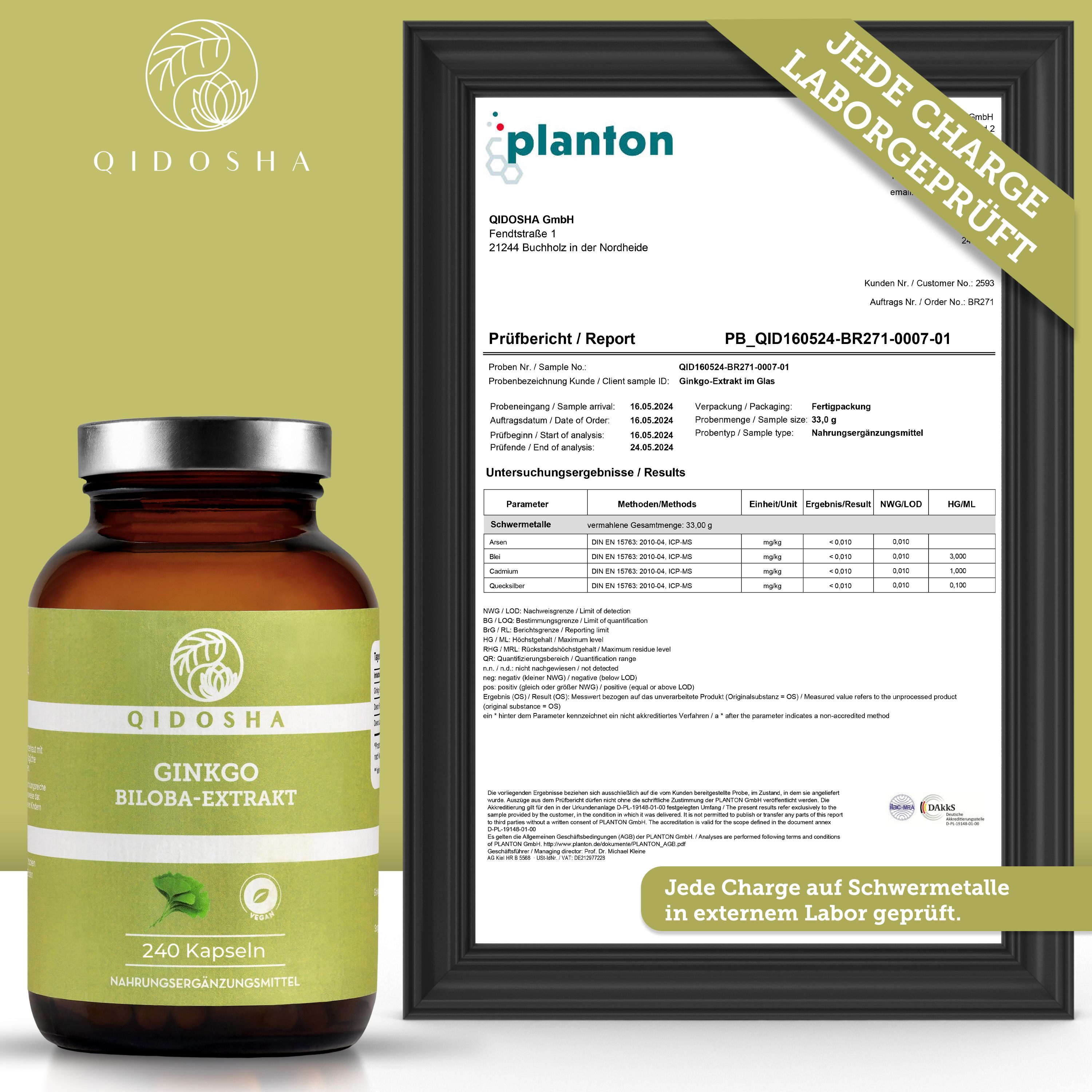 Produktflasche neben einem Laborbericht. Aufschrift: QIDOSHA GINKGO BILOBA-EXTRAKT, 240 Kapseln. Laborgeprüft.