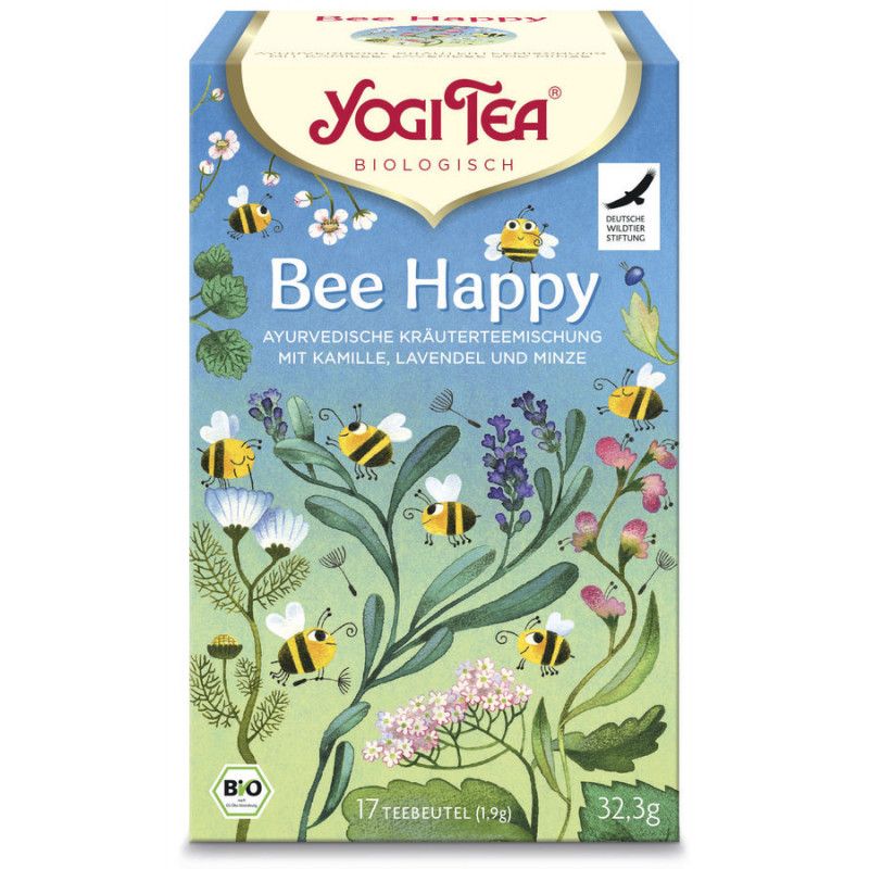 Verpackung von Yogi Tea "Bee Happy". Kräuterteemischung mit Kamille, Lavendel und Minze. Enthält 17 Teebeutel. Bio-Zertifizierung.