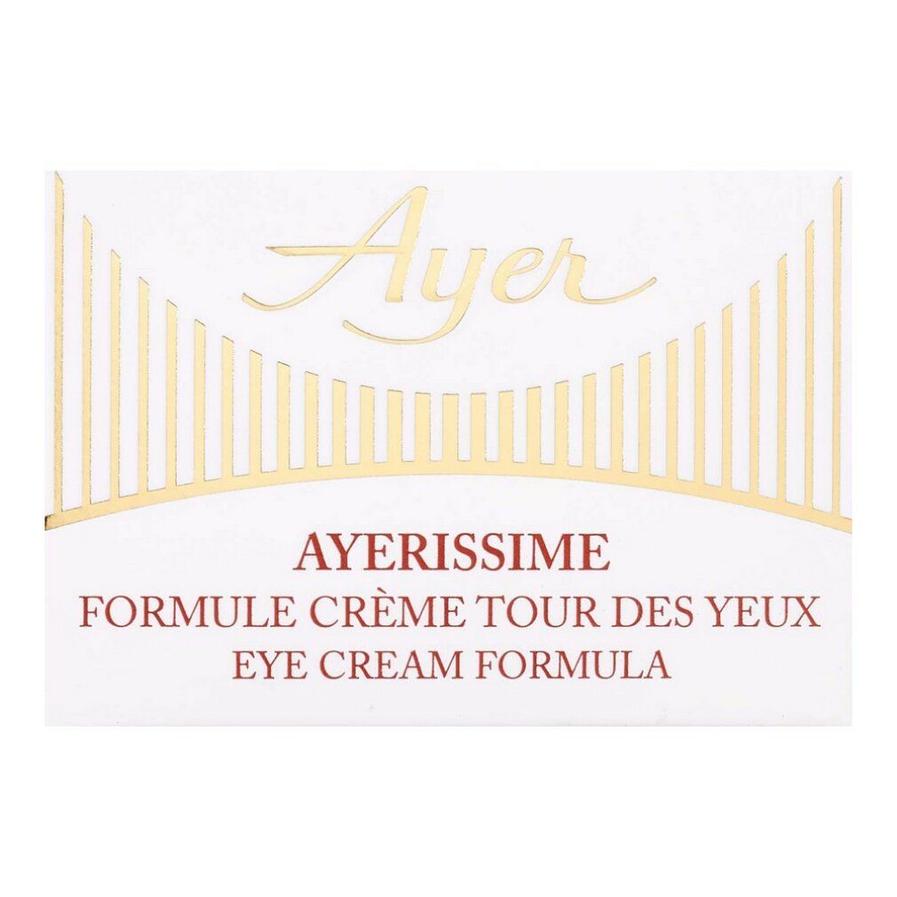 Weiße Verpackung mit goldfarbenem Logo und Schriftzug. Aufschrift: Ayer, Ayerissime, Formule Crème Tour des Yeux, Eye Cream Formula.