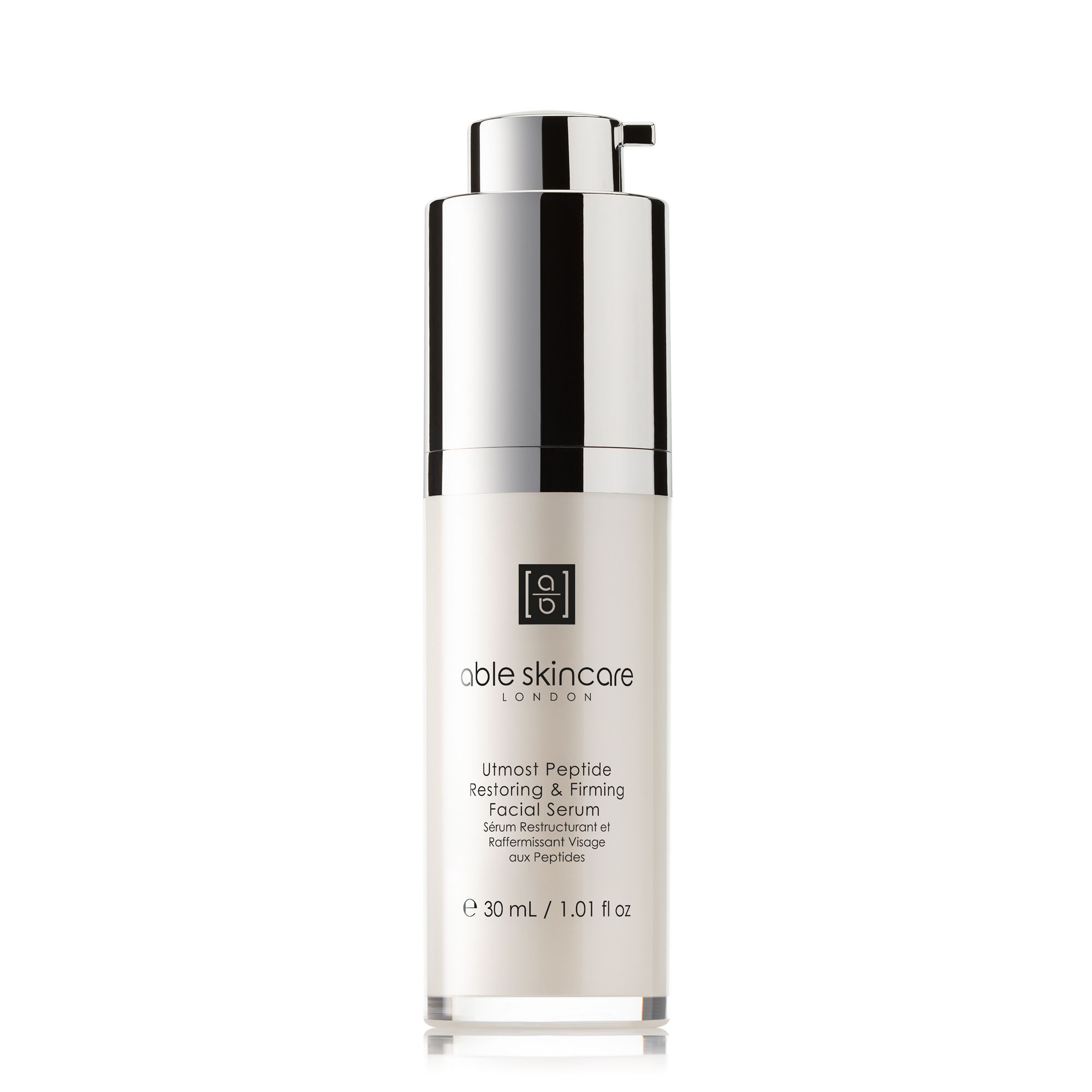 Serumflasche mit silberfarbenem Pumpkopf. Aufschrift: Utmost Peptide Restoring & Firming Facial Serum. Volumen: 30 ml.