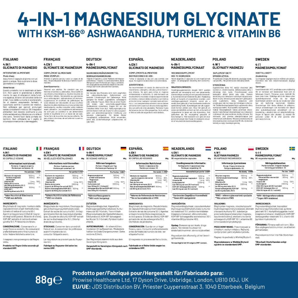 Mehrsprachige Produktinformationen. Aufschrift: 4-in-1 Magnesiumglycinat mit KSM-66® Ashwagandha, Kurkuma & Vitamin B6. Informationen in verschiedenen Sprachen.