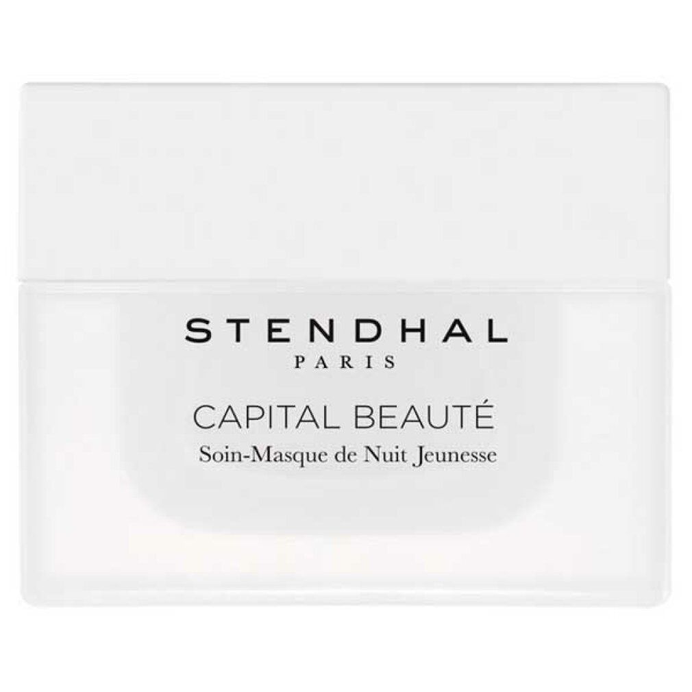 Weißer Tiegel mit Deckel. Aufschrift: STENDHAL PARIS, CAPITAL BEAUTÉ, Soin-Masque de Nuit Jeunesse.