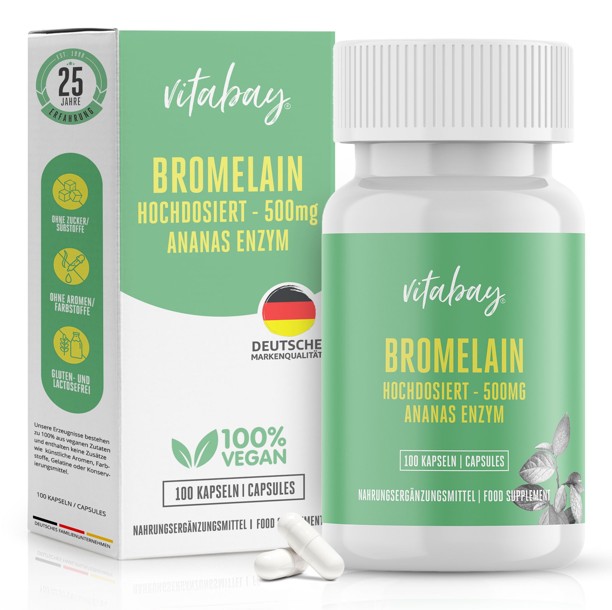 Vitabay Bromelain 500mg. Weiße Kapseln und Verpackung mit grünen Akzenten. Aufschrift: Bromelain, 100 Kapseln, vegan, gluten- und laktosefrei.