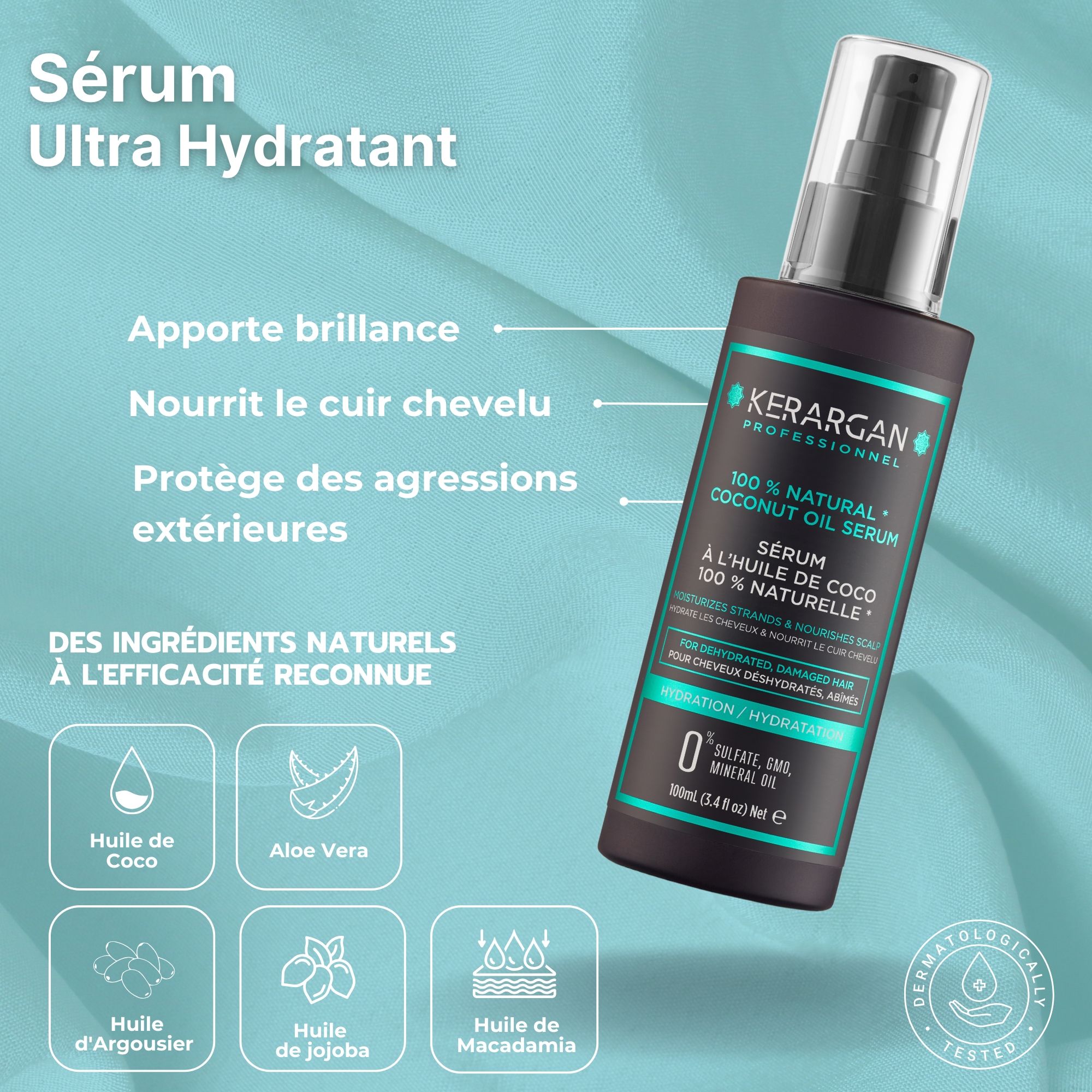 Sérum Kerargan. Flacon noir avec vaporisateur, étiquette verte. Texte : 100% Natural Coconut Oil Serum. Testé dermatologiquement.