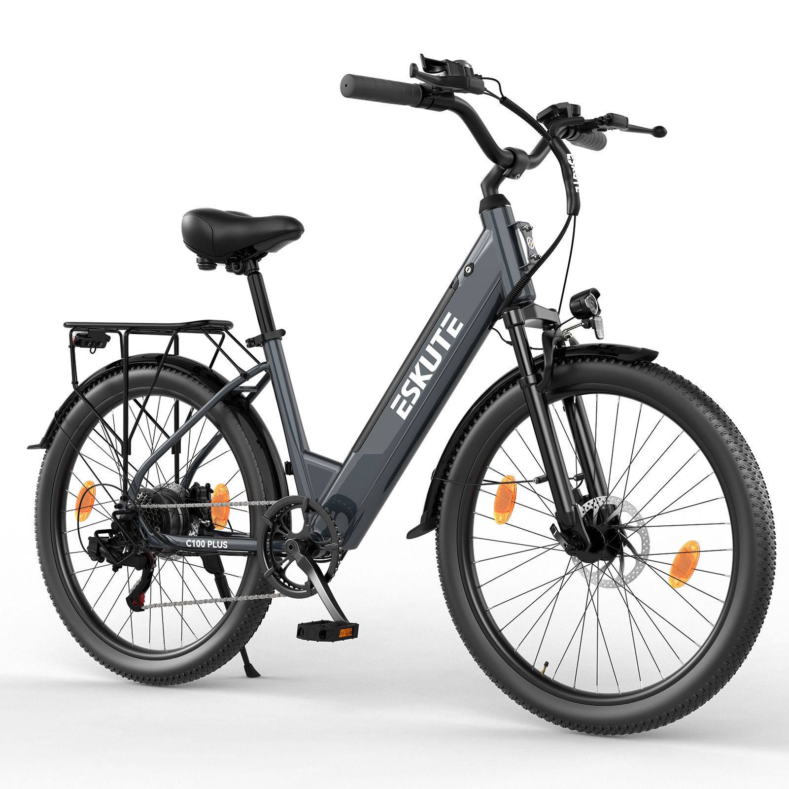 Graues Elektro-Citybike mit Gepäckträger und Licht. Marke ESKUTE.