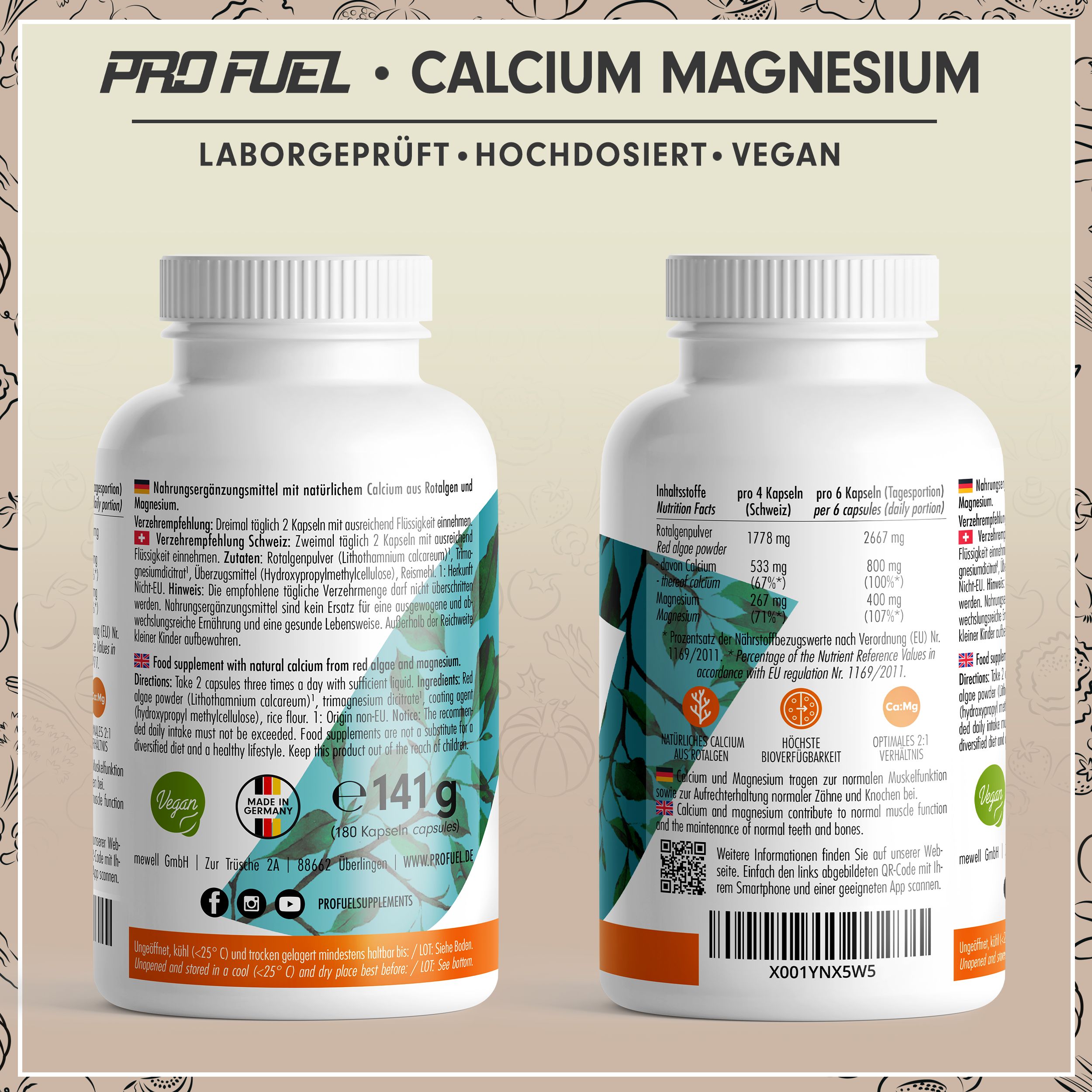 ProFuel - CALCIUM & MAGNESIUM Kapseln - hochdosiert mit 800mg Calcium & 400mg Magnesium 360 Kapseln