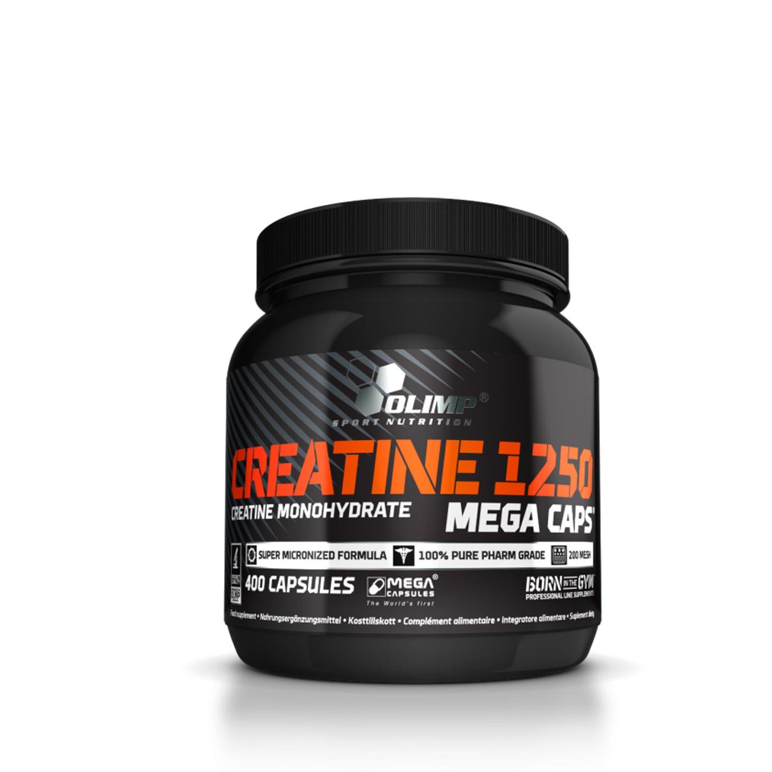 Olimp Creatine 1250 Mega Caps: Schwarze Dose mit 400 Kapseln, Kreatin Monohydrat, Super Micronized Formula.