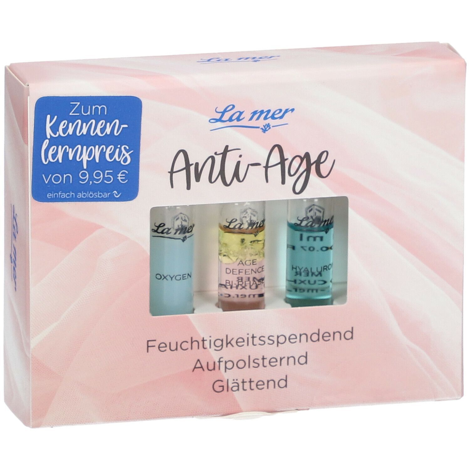 Produktverpackung mit drei Ampullen. Text: La mer Anti-Age, Feuchtigkeitsspendend, Aufpolsternd, Glättend. Zum Kennenlernpreis.