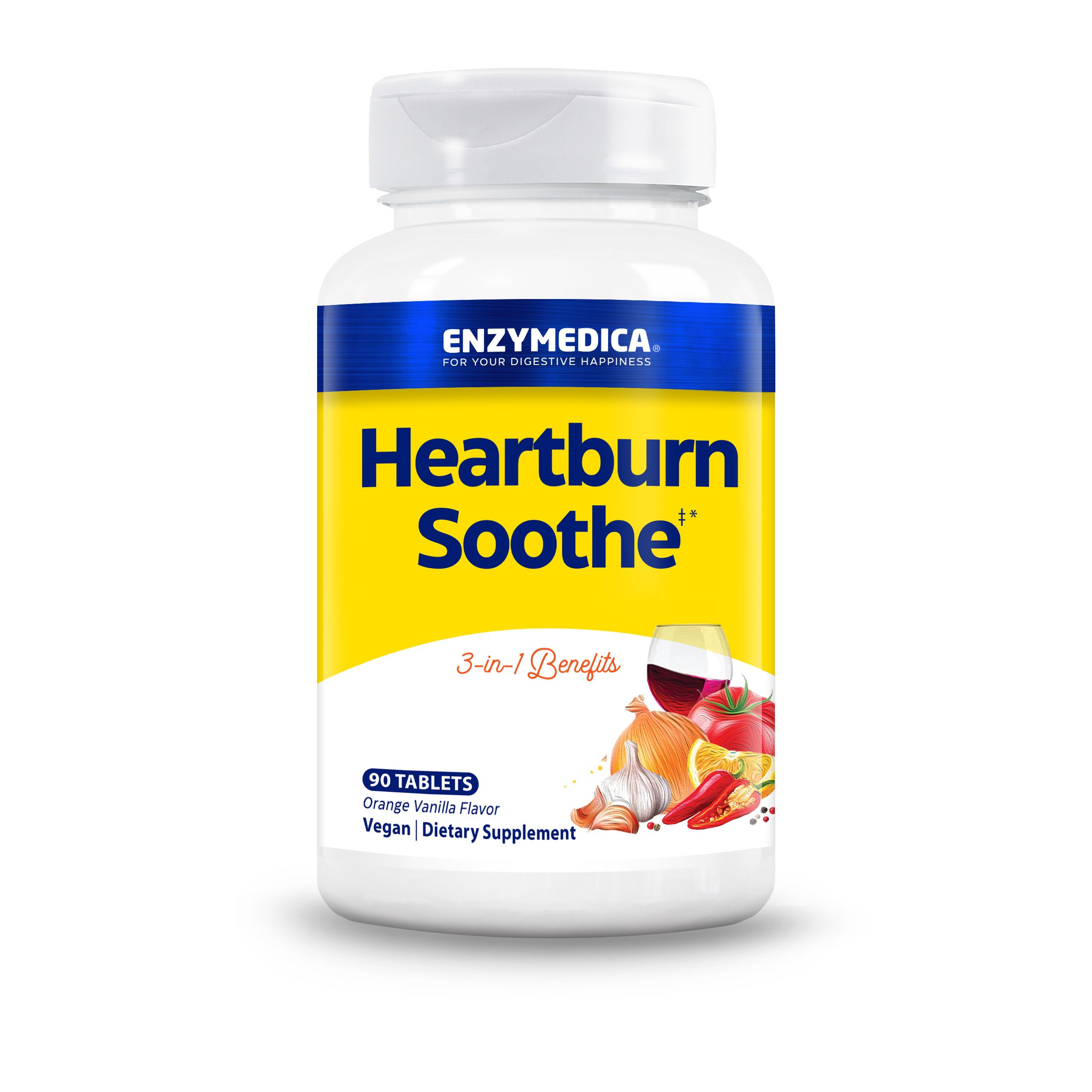 Weiße Flasche mit "Heartburn Soothe"-Tabletten. Enthält 90 Tabletten. Aufschrift: "3-in-1 Benefits".