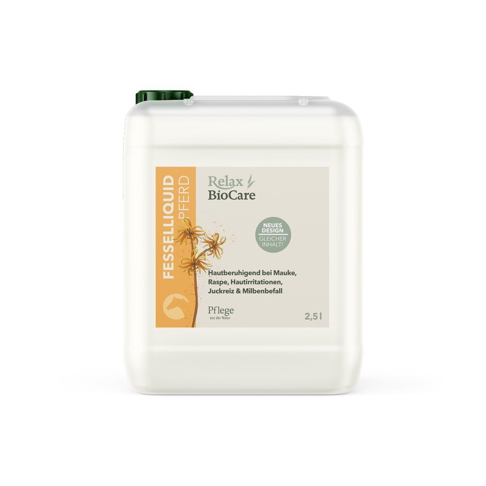 Weißer Kanister mit grünem Deckel. Aufkleber mit Produktnamen, Marke Relax BioCare und Text. 2,5 l.