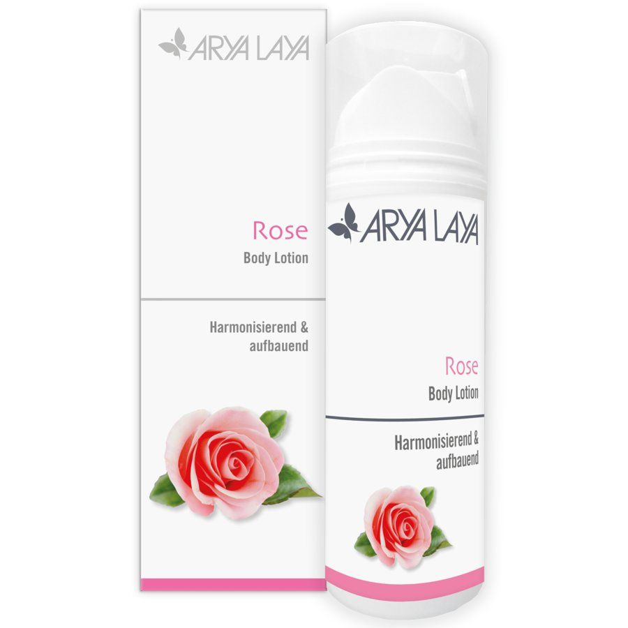 Weiße Flasche und Verpackung. Aufschrift: Arya Laya, Rose Body Lotion. Abbildung einer Rose. Text: Harmonisierend & aufbauend.